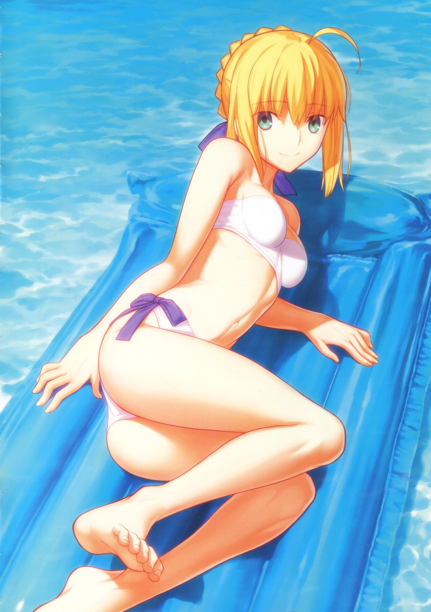 artoria_pendragon artoria_pendragon_(swimsuit_archer) blonde_hair fate/grand_order fate_(series) feet floating looking_at_viewer on_side swimsuit tagme takeuchi_takashi water