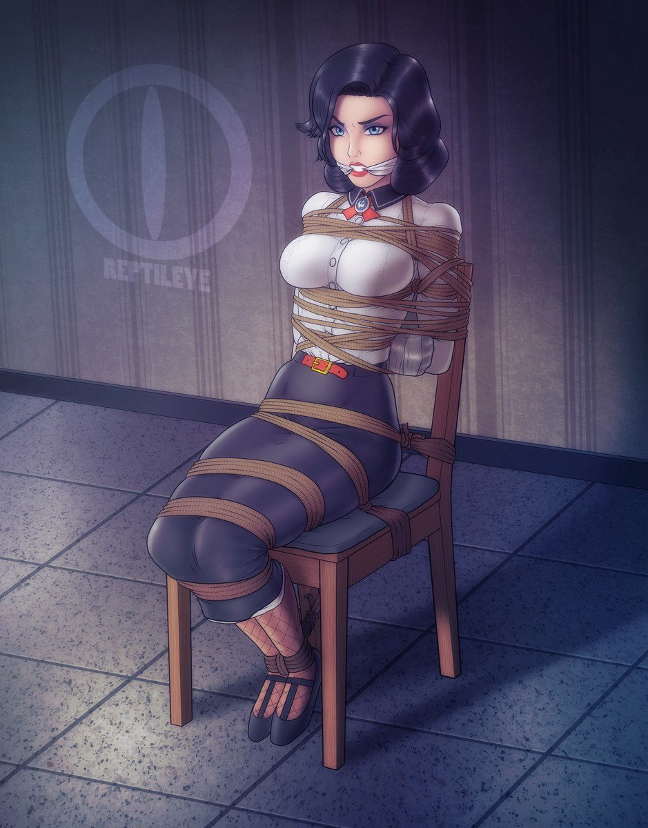 1girls, bioshock, bioshock infinite, black skirt, blouse, bondage, bound and gagged, breasts, brooch, burial at sea, chair, cleave gag, cloth gag, elizabeth comstock, elizabeth comstock (burial at sea), eyeliner, female, female focus, female only, femsub, gag, gagged, heels, lingerie, lipstick, long hair, makeup, medium breasts, pencil skirt, reptileye, rope bondage, shirt, skirt, stockings, tied to chair, white blouse, white shirt