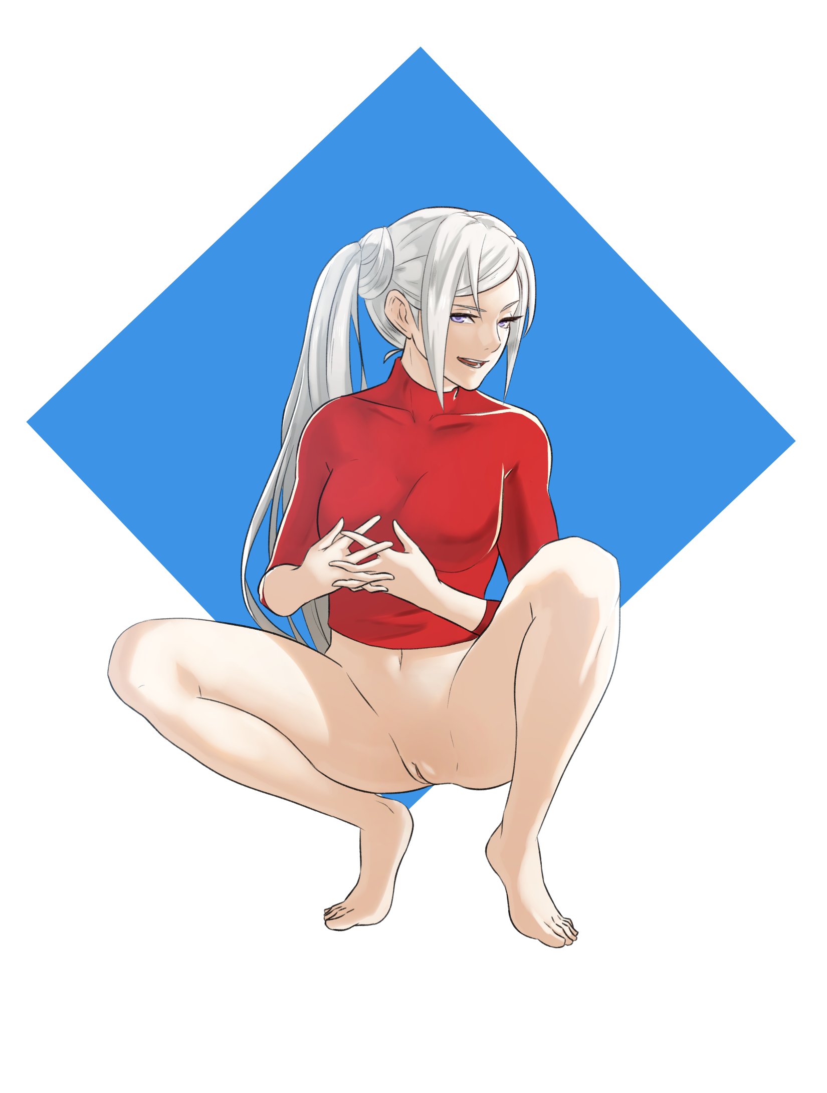 1girls, alternate hairstyle, bare legs, barefoot, bottomless, breasts, edelgard von hresvelg, female, female only, fire emblem, fire emblem: three houses, looking at viewer, medium breasts, nintendo, open mouth, pomelomelon, ponytail, post-timeskip, purple eyes, pussy, shirt, side ponytail, smile, smug, solo, squatting, uncensored, white background, white hair