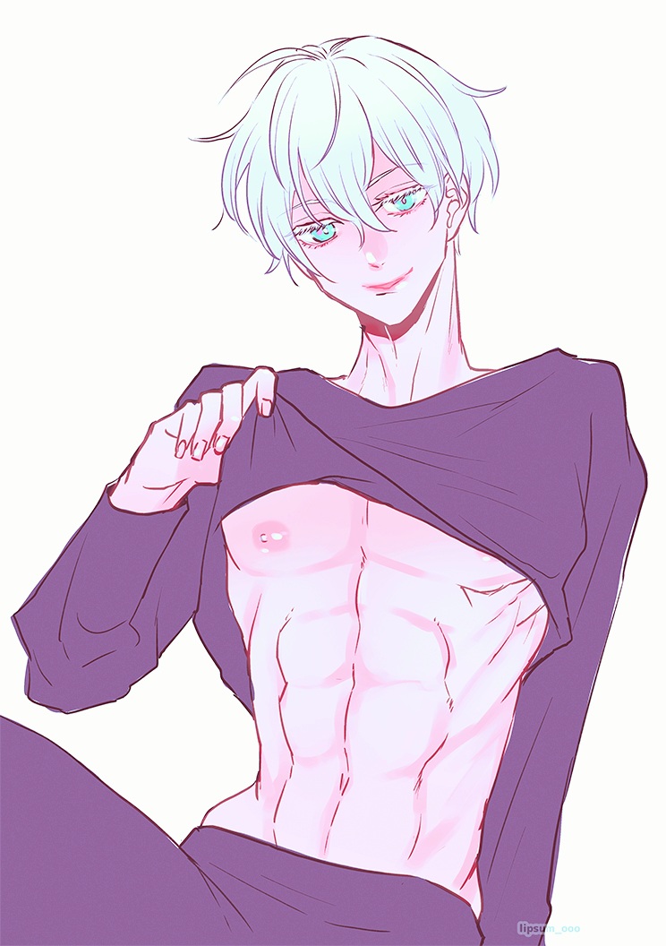 1boy, abs, albino, bishonen, blue eyes, gay, jujutsu kaisen, lifted shirt, light skin, light-skinned male, male, male focus, male nipples, male only, nipples, pink nipples, pretty boy, satoru gojo, solo, thick eyelashes, white hair