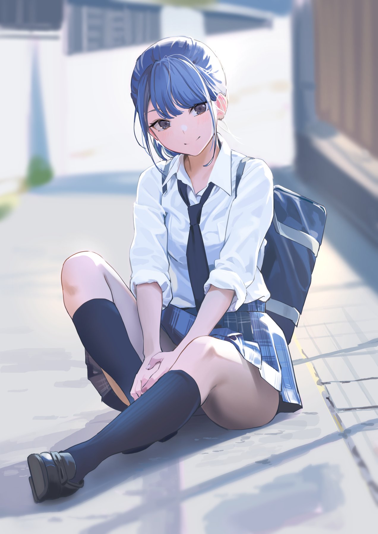 1girls blue_hair blue_skirt female female_only gray_eyes icomochi looking_at_viewer necktie original original_character pleated_skirt school_bag school_uniform seifuku shirt sitting skirt smile smile_at_viewer socks solo solo_female thighs tied_hair white_shirt