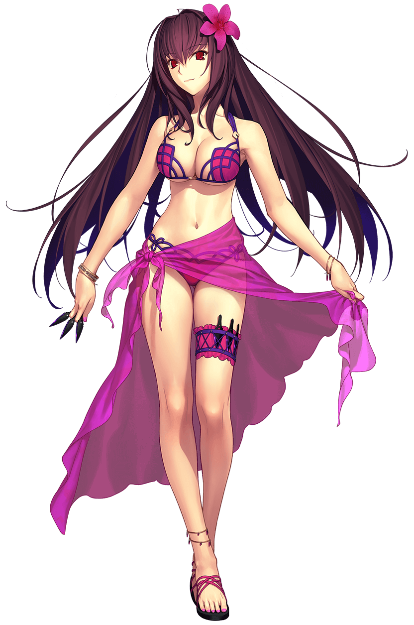 fate_(series) koyama_hirokazu nail_polish pink_toenail_polish pink_toenails sandals scathach_(fate) scathach_(swimsuit_assassin) toenail_polish