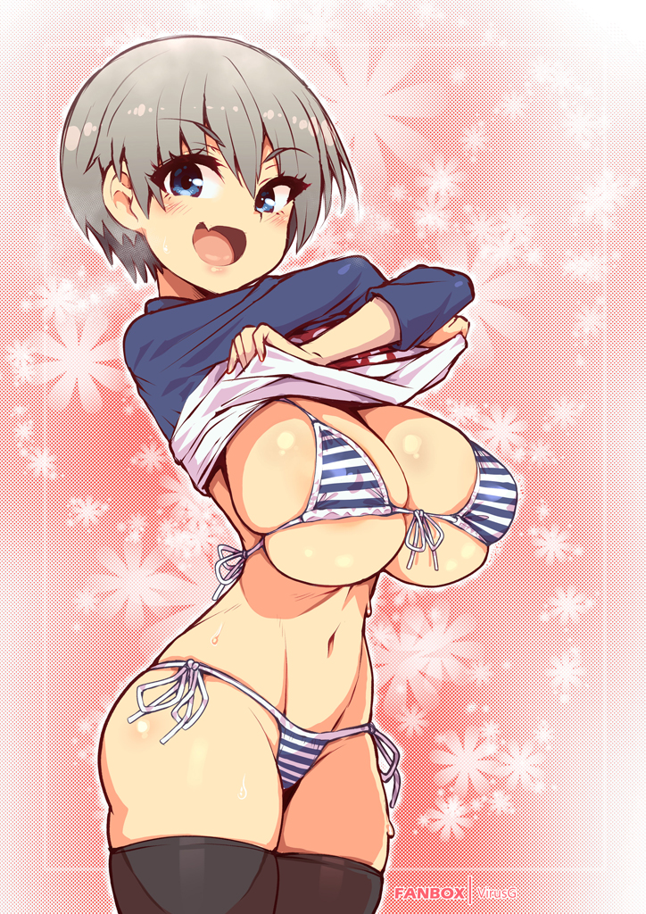 bikini blue_eyes breasts female grey_hair highres large_breasts meme_attire oerba_yun_fang shirt skin_fang smug solo sugoi_dekai sweat swimsuit uzaki-chan_wa_asobitai! uzaki_hana virus-g