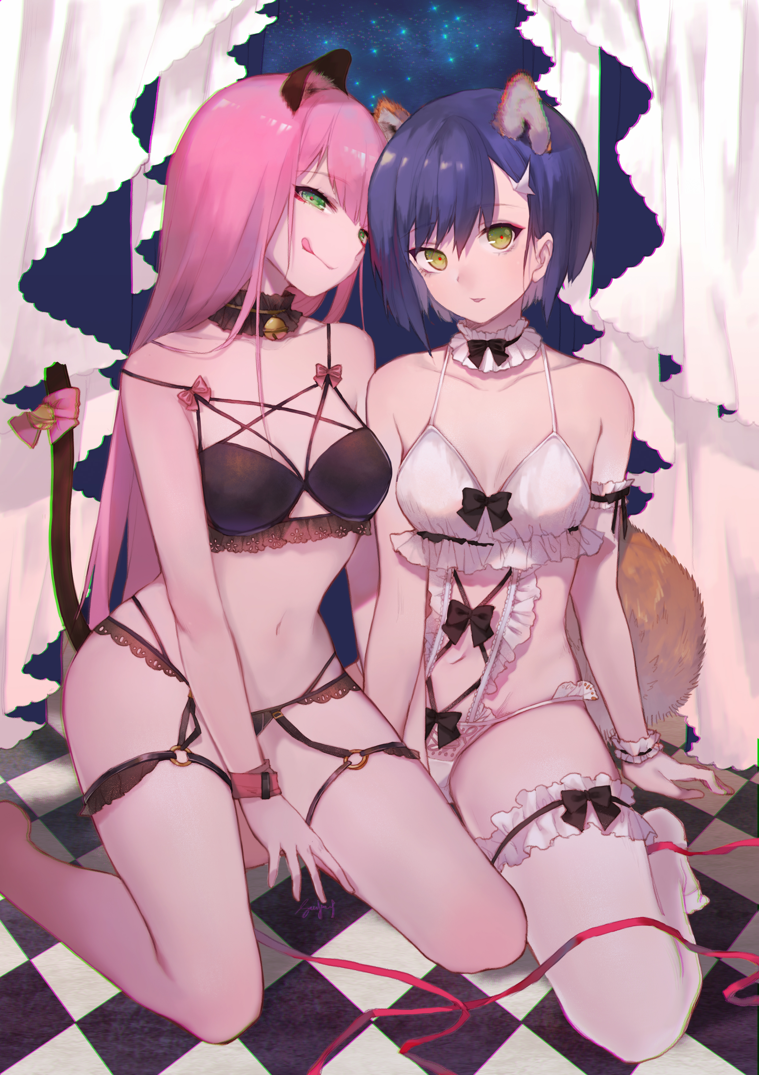 :q, 2girls, alternate costume, animal ears, bare shoulders, barefoot, bell, black bow, black bra, black panties, blue hair, bow, bra, breasts, cat ears, cat tail, chromatic aberration, closed mouth, curtains, darling in the franxx, eyeshadow, female, fox ears, fox tail, green eyes, hair ornament, hairclip, ichigo (darling in the franxx), jingle bell, kemonomimi mode, kneeling, leg garter, licking lips, lingerie, long hair, looking at viewer, makeup, medium breasts, multiple females, multiple girls, navel, panties, parted lips, pink bow, pink hair, red ribbon, ribbon, seductive smile, short hair, sitting, slyvia, smile, tail, tail bow, tail ornament, thighhighs, tile floor, tiles, tongue, tongue out, underwear, underwear only, wariza, white bra, white legwear, white panties, wristband, zero two (darling in the franxx)