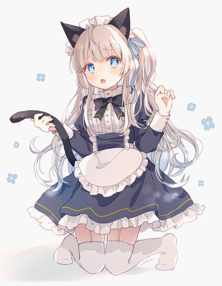 1girls :3 black_ears black_ribbon black_tail blonde_hair blonde_mane blue_dress blue_eyes blue_ribbon blush bow cat_ears cat_girl cat_humanoid cat_tail catgirl catgirls cute dress ear_fur ear_tuft female female_focus female_only flowers heart-shaped_pupils light-skinned_female light_skin maid maid_dress maid_headdress medium_ass navy_blue_dress neko petite ruffled_skirt shadow small_breasts small_waist stockings thick_thighs thigh_highs twintails white_background white_thigh_highs