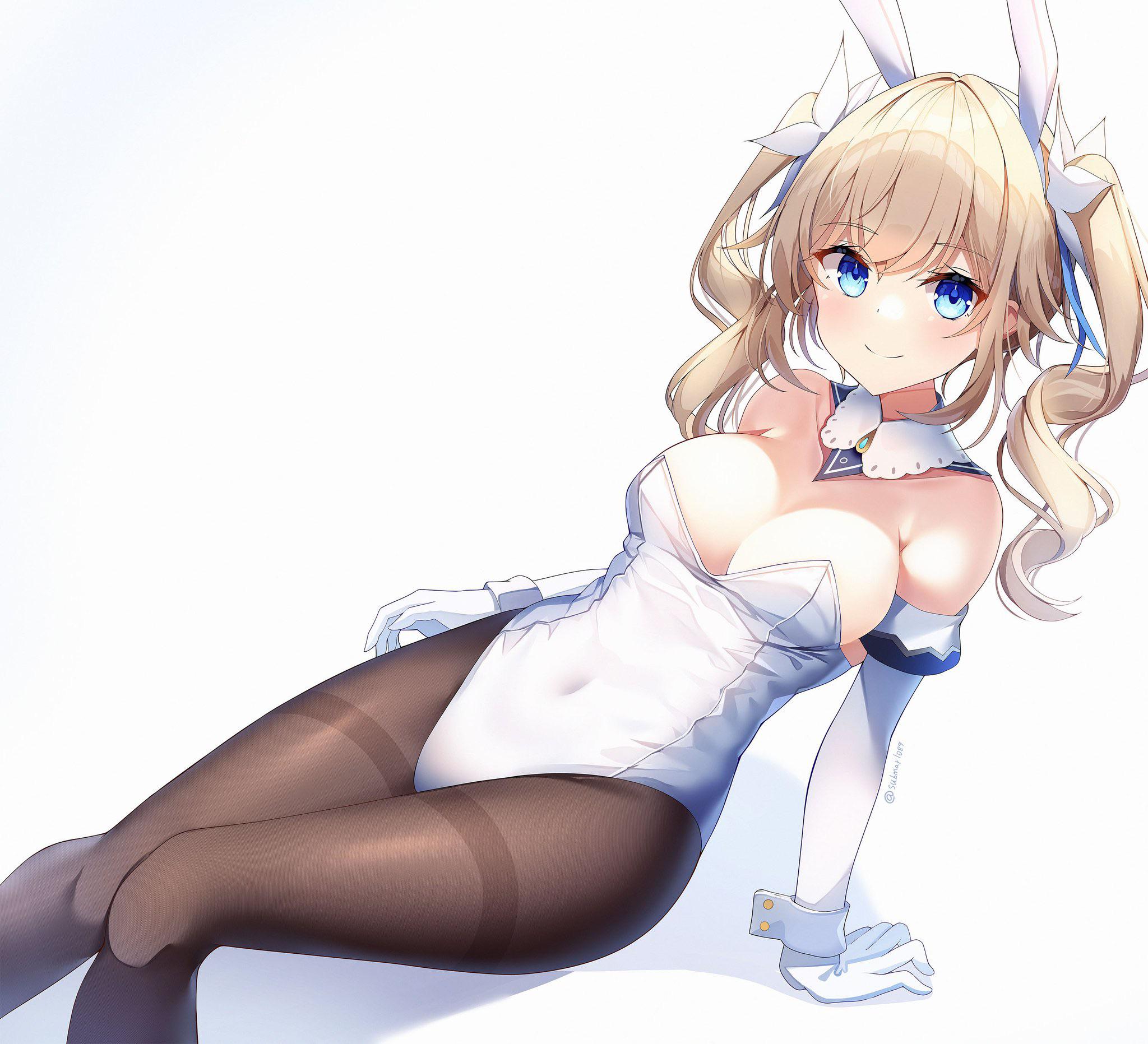 bangs, barbara (genshin impact), belly button, big breasts, blonde hair, blue eyes, breasts, bunny ears, bunnysuit, collar, female, female only, genshin impact, gloves, hair tie, looking at viewer, nun, overflowing breasts, pantyhose, smile, smirk, sob (artist), solo female, submar1089, tights, translucent clothing, twintails