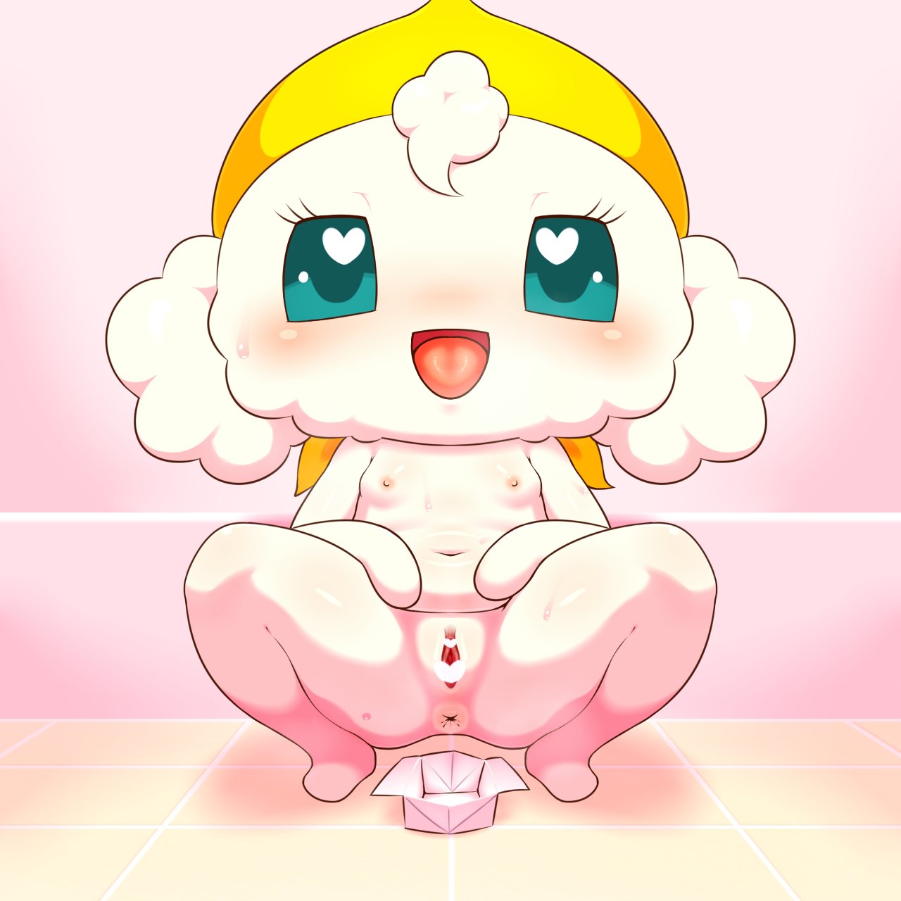 alacarte anthro anus breasts censored chibi crouching female fur genitals heart_censor hi_res lovemamalitchi milf navel nude open_mouth pussy small_breasts solo spread_legs spreading tamagotchi white_body white_fur