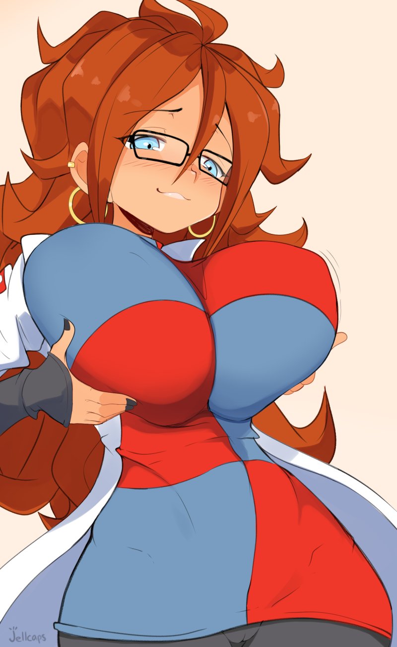 1girls, android, android 21, android 21 (human), big breasts, blue eyes, blush, bouncing breasts, breasts, cameltoe, cleavage, dragon ball, dragon ball fighterz, earrings, female, glasses, golden earrings, grabbing breasts, huge breasts, jellcaps, labcoat, orange hair, painted fingernails, painted nails, pattern shirt, playing with breasts, playing with own breasts, pussy, solo, thick thighs, white skin, wobbling