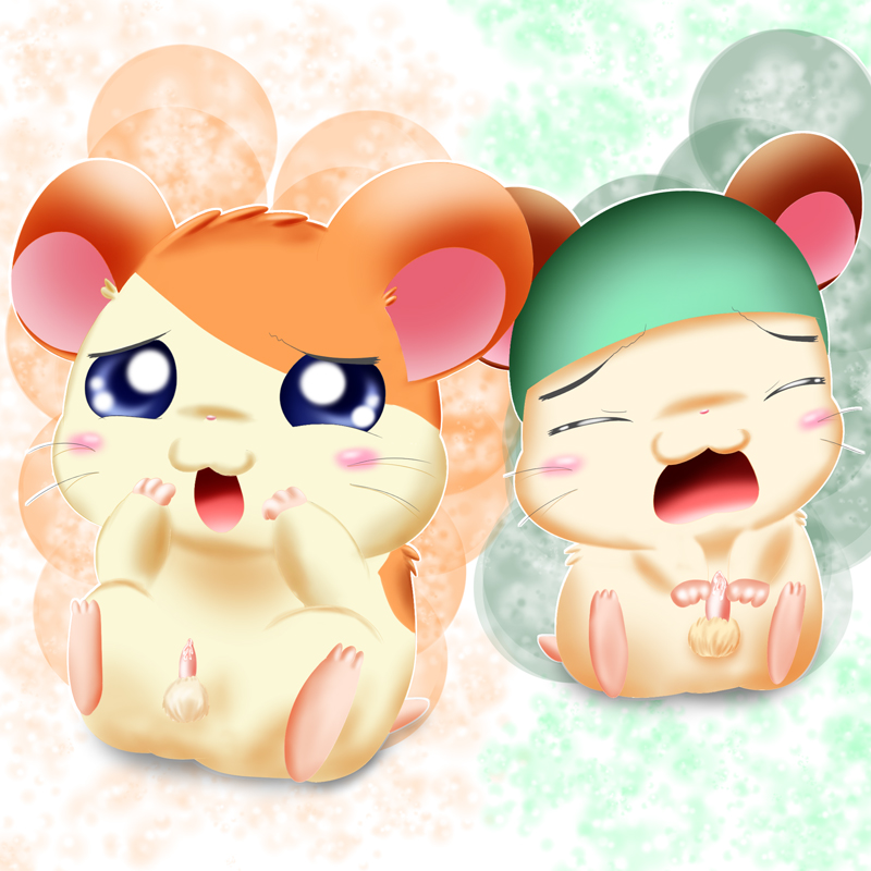 balls bodily_fluids cappy_(hamtaro) closed_eyes clothing cricetid doggy_(pixiv) duo feral fur genital_fluids genitals green_clothing green_hat green_headwear hamster hamtaro hamtaro_(series) hat headgear headwear male mammal open_mouth penis precum rodent tan_balls tan_body tan_fur