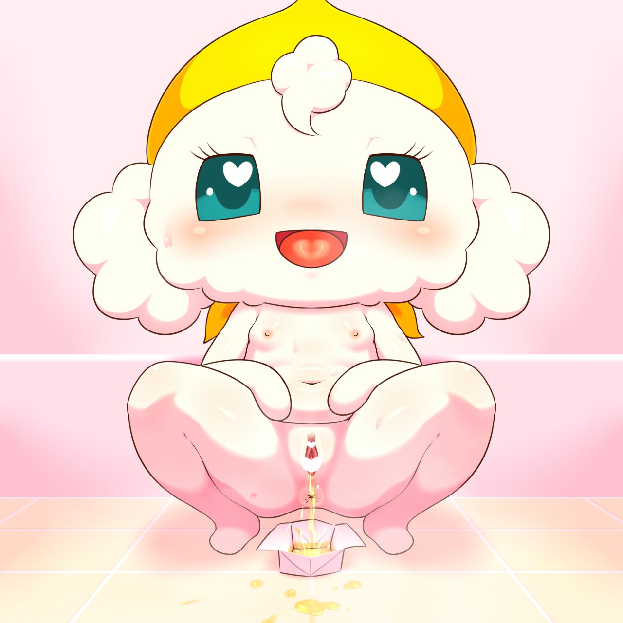 alacarte anthro anus bodily_fluids breasts chibi crouching female fur genital_fluids genitals hi_res navel nude open_mouth peeing pussy small_breasts solo spread_legs spreading tamagotchi urine watersports white_body white_fur