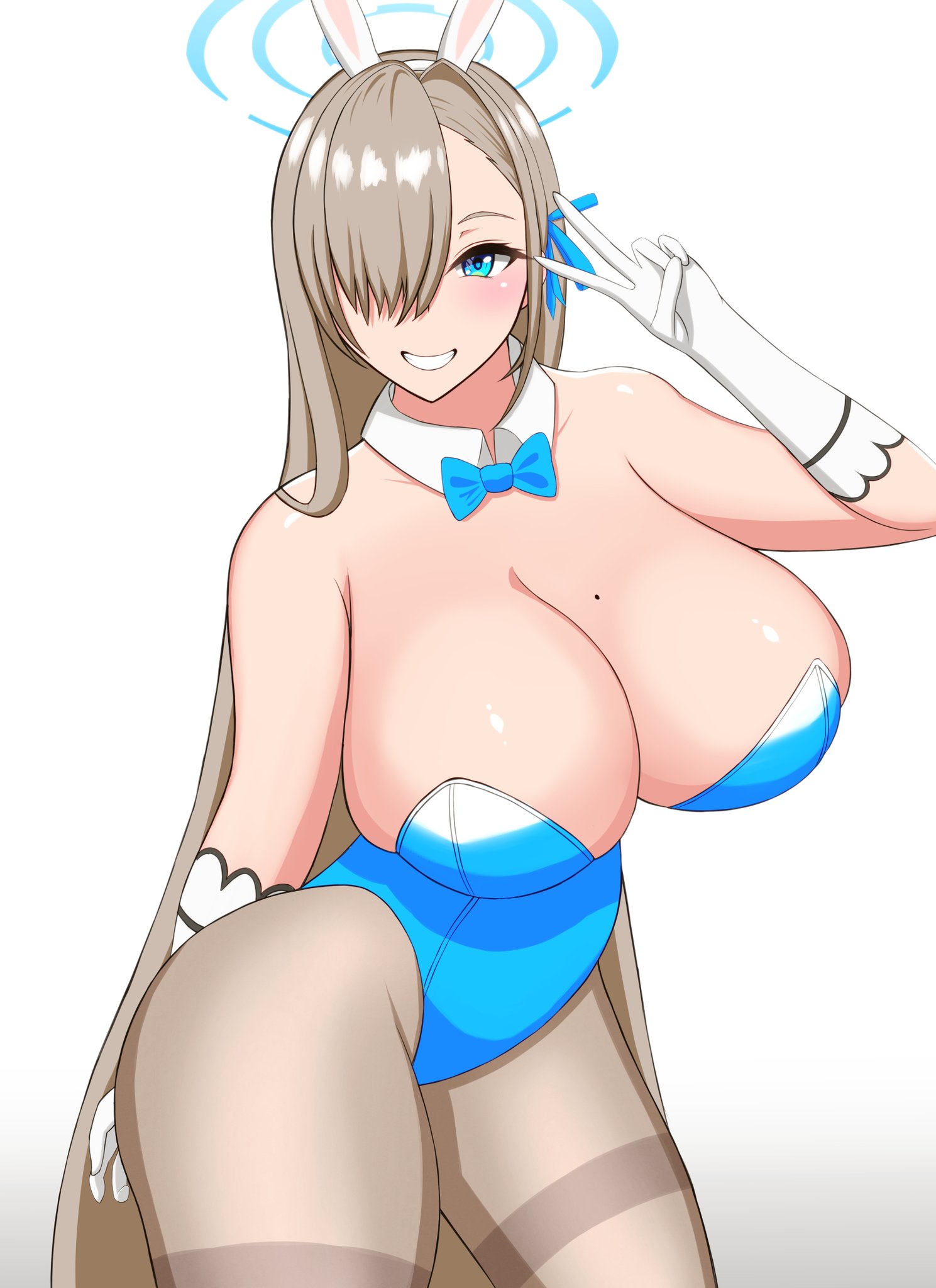 1girls, asuna (blue archive), asuna (bunny) (blue archive), big breasts, blue archive, breasts, bunny ears, bunnysuit, curvaceous, curvy, curvy body, curvy female, curvy figure, female, female focus, female only, huge breasts, large breasts, long hair, looking at viewer, mole, mole on breast, peace sign, skyloveit, smile, smiling, smiling at viewer, solo, solo female, thick thighs, thighs, voluptuous