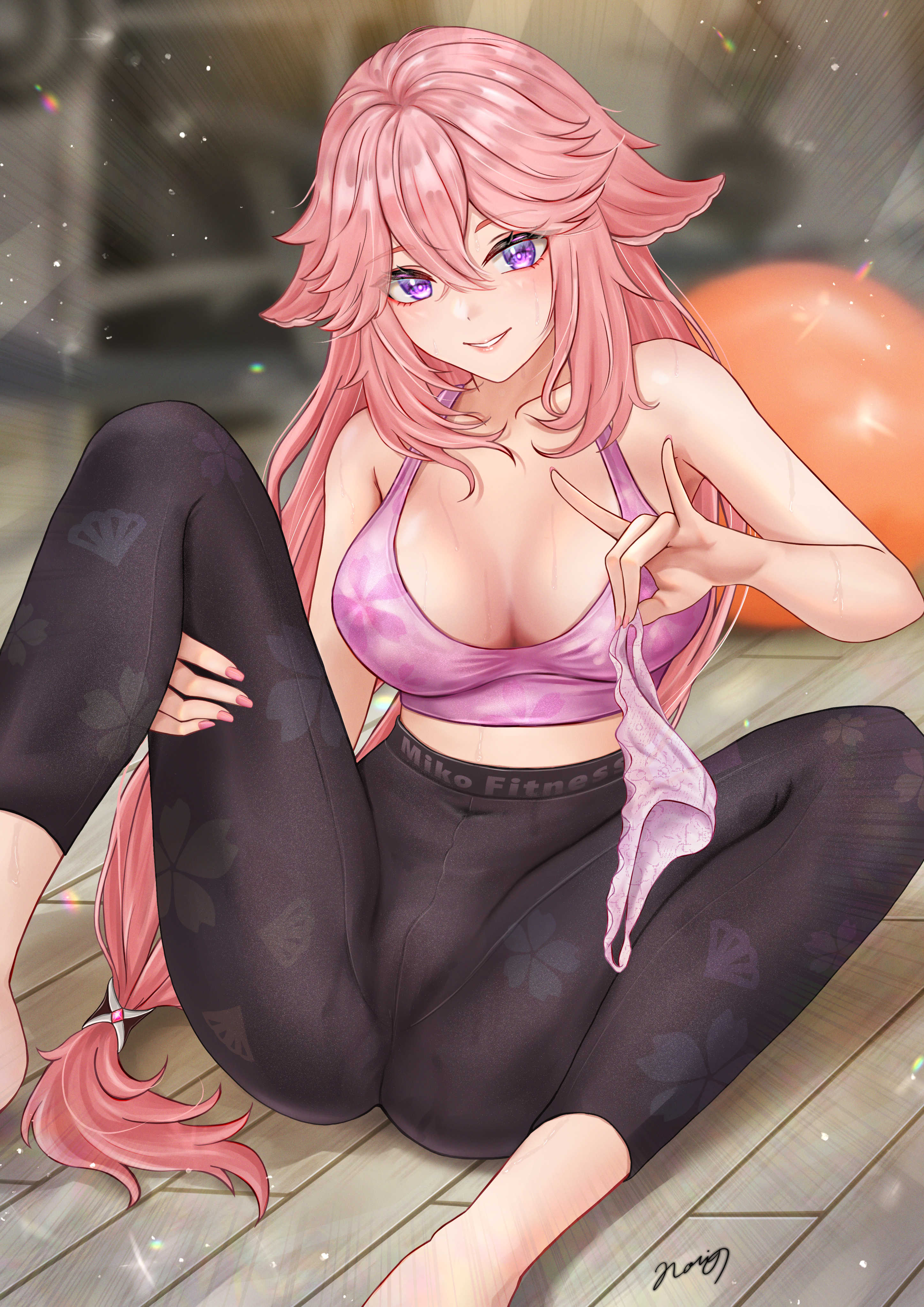 1girls, ass, black legwear, breasts, cleavage, clothing, feet, female, genshin impact, gym, hi res, large breasts, looking at viewer, no panties, nori chazuke, panties, panties removed, pink hair, pink panties, presenting, purple eyes, smile, sports bra, spread legs, sweat, teasing, yae miko, yoga pants