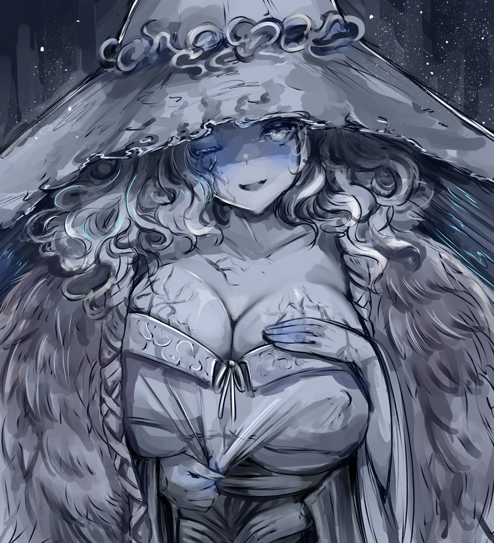 1girls, big breasts, blue hair, blue skin, breasts, doll, elden ring, female, fromsoftware, huge breasts, multi arm, multi limb, night, ranni the witch, solo, stars, witch, witch hat