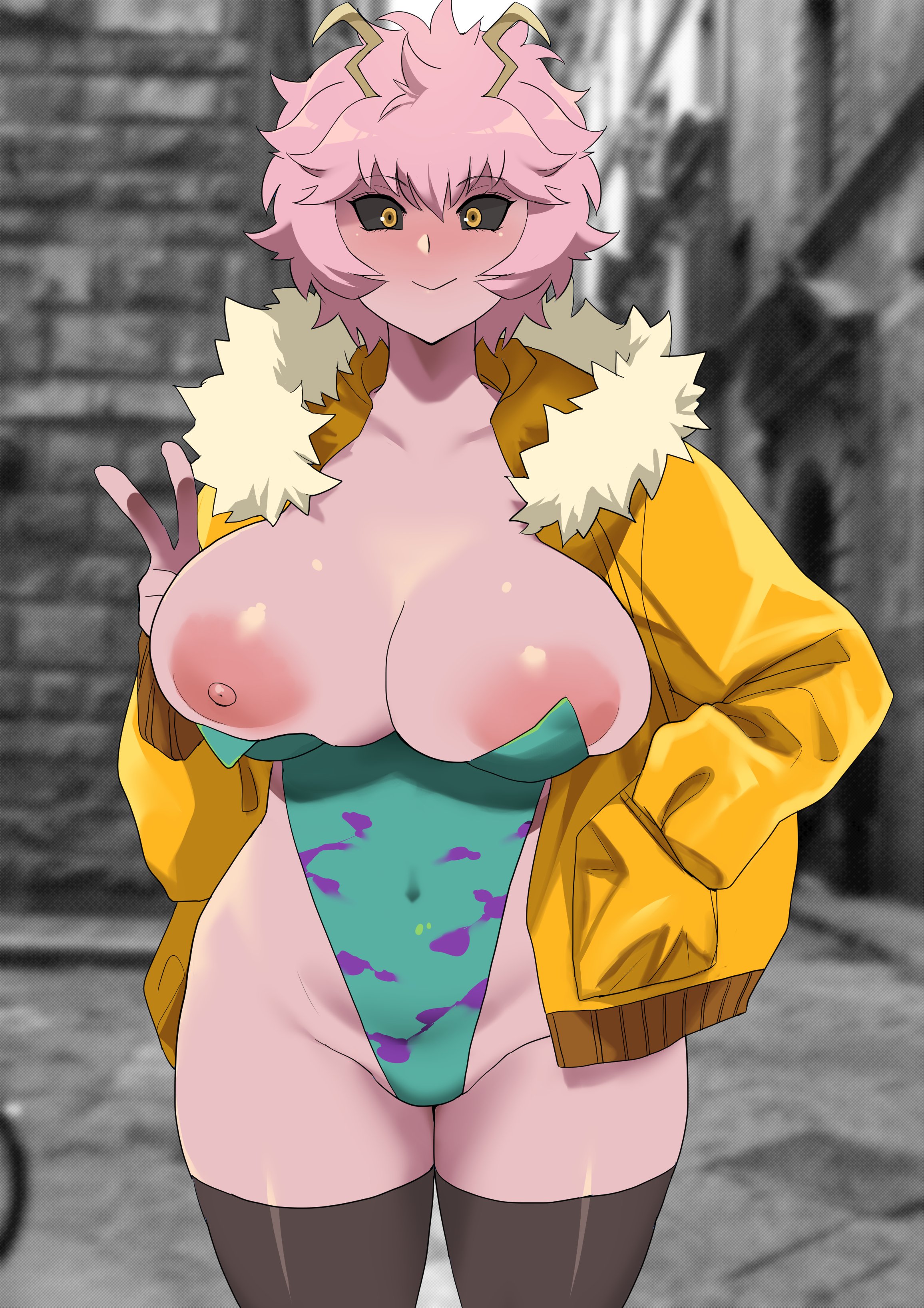 1girls, areola, areola slip, areolae, big breasts, black sclera, blush, breasts, female, hero outfit (mha), jacket, large breasts, leotard, looking at viewer, mina ashido, minakami, my hero academia, nipple slip, nipples, outdoors, outside, pink hair, pink skin, public, smile, solo, solo female, tagme, thighhighs, v sign, yellow eyes