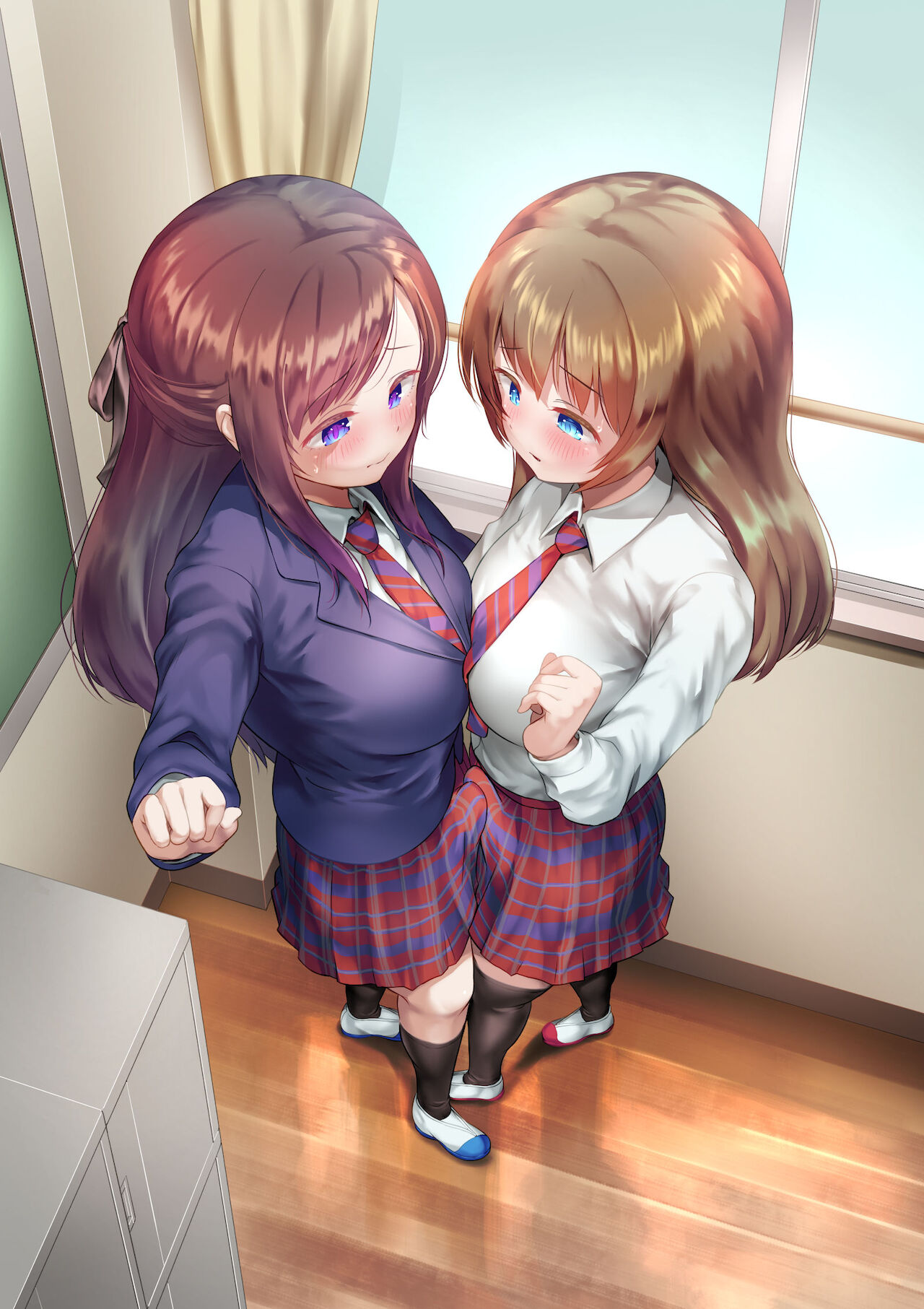 2futas, ayanakitori, blush, erection, erection under clothes, erection under skirt, female, frottage, frottage through clothing, futa on futa, futanari, intersex, school, school uniform, schoolgirl, tagme, thighhighs