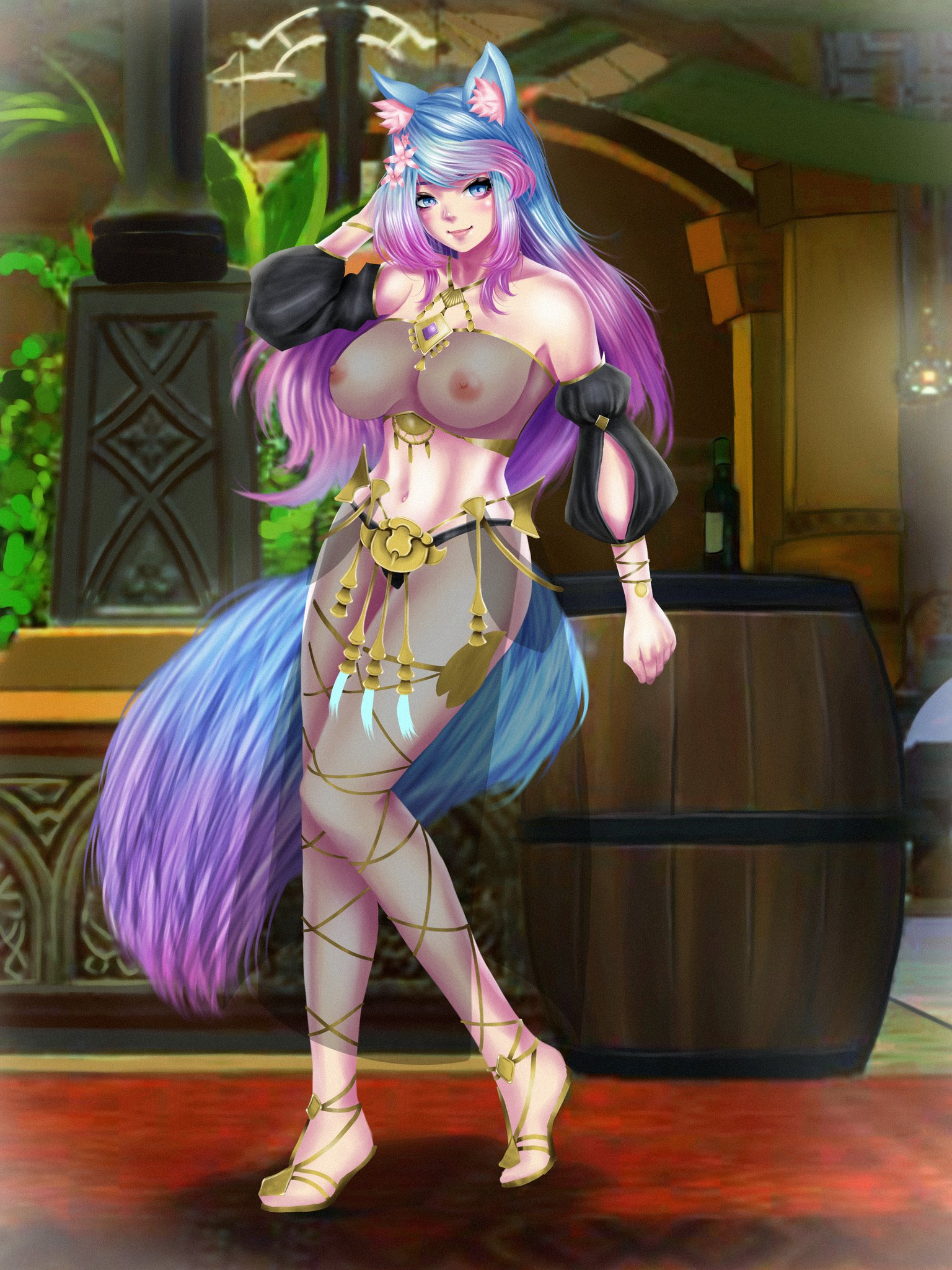 1girls, andrew artzz, areolae, belly, belly dancer, belly dancer outfit, blue eyes, blue hair, breasts, erect nipples, female, flower in hair, huge breasts, large breasts, light skin, light-skinned female, nipples, no bra, open toe shoes, panties, pink highlights, silvervale, solo, solo female, solo focus, transparent clothing, two-tone hair, virtual youtuber, wolf ears, wolf girl, wolf tail