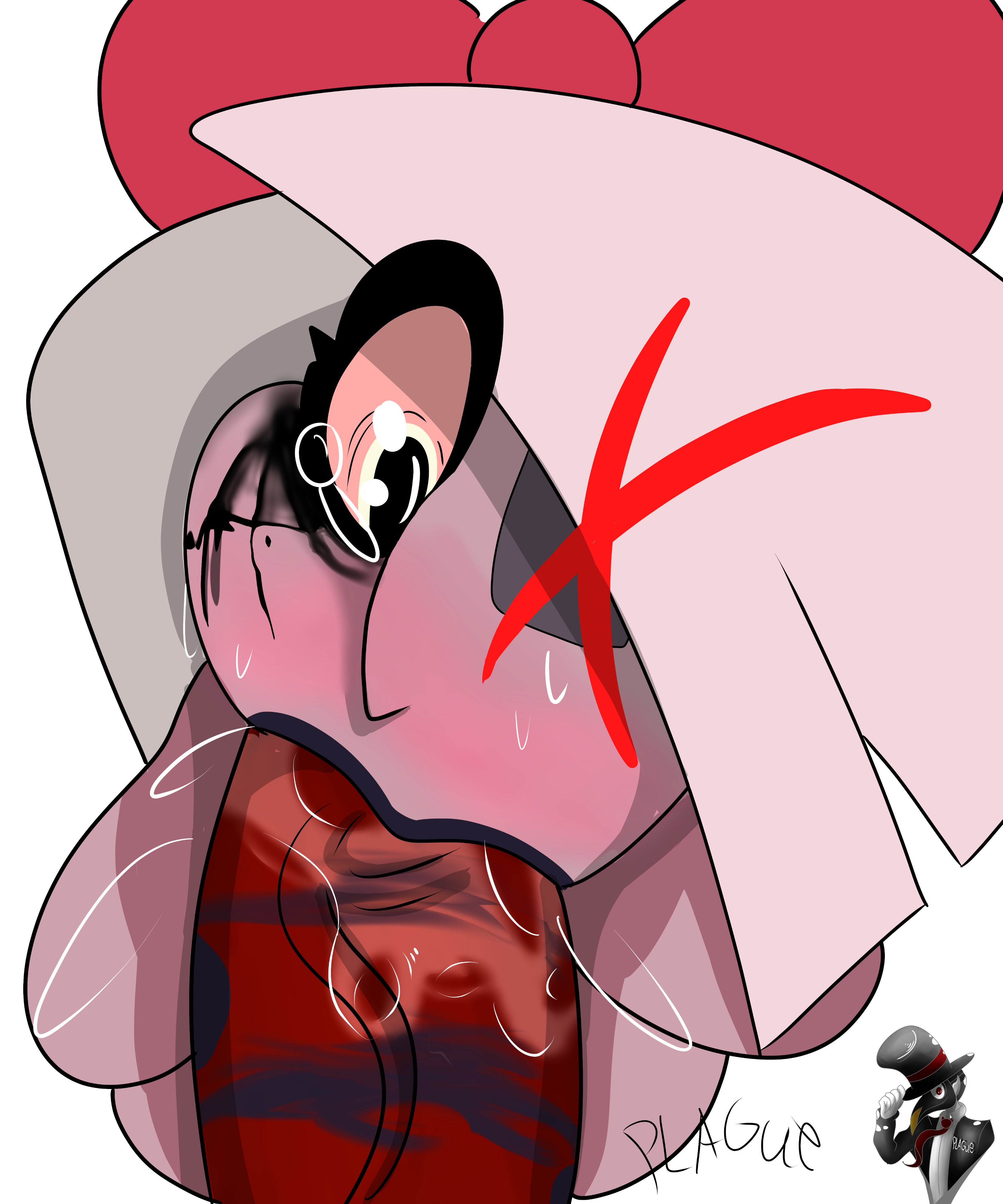 :>=, blowjob, blowjob face, crying, crying with eyes open, deepthroat, demon, demon girl, fellatio, female, hazbin hotel, huge cock, light skin, light-skinned female, lipstick on penis, lipstick smear, male, pale skin, pale-skinned female, penis, running mascara, runny makeup, straight hair, tagme, theplagueart, unseen male face, vaggie (hazbin hotel)