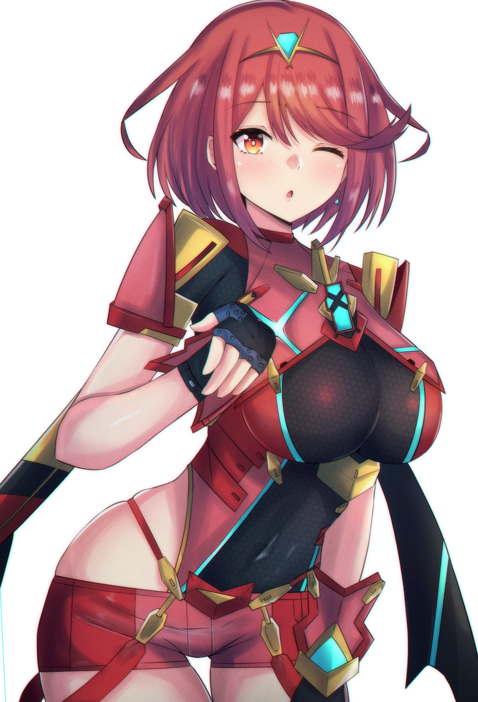 1girls, absurdres, bangs, big breasts, black gloves, blowing kiss, breasts, busty, chest jewel, earrings, female, female only, fingerless gloves, gloves, highres, jewelry, large breasts, latte daruta2, pyra, red eyes, red hair, red legwear, red shorts, short hair, short shorts, shorts, solo, swept bangs, thighhighs, tiara, voluptuous, xenoblade chronicles (series), xenoblade chronicles 2