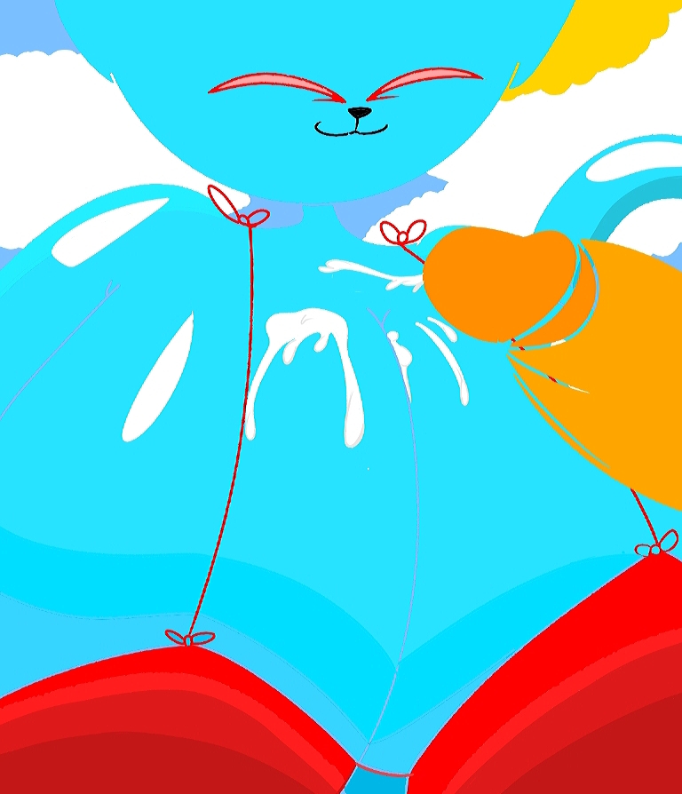 alpog21_(artist) anthro balls big_(disambiguation) big_breasts blue_body blue_tail bodily_fluids breasts clothed clothing cum cum_on_breasts digital_media_(artwork) domestic_cat duo ears_up ejaculating_cum ejaculation erection felid feline felis female genital_fluids genitals male male/female mammal penis penis_tip red_eyes simple_background smile trod