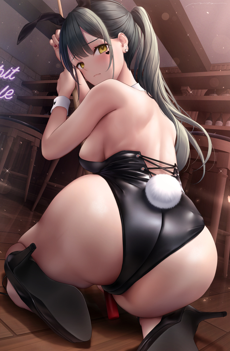 1girls 2d 2d_(artwork) alternate_version_available ass back_view background bar bar_stool big_ass black_hair black_heels black_high_heels blush bottle breasts bunny_ears bunny_girl bunny_tail bunnysuit detailed_background ear_piercing eyebrows_visible_through_hair fat_ass female from_behind heart_tattoo high_heels holding_object kneeling light-skinned_female light_skin looking_at_viewer looking_back mhru nail_polish neckwear on_knees open_mouth partially_clothed ponytail red_nails sideboob solo solo_female solo_focus wide_hips wristband wristwear yellow_eyes