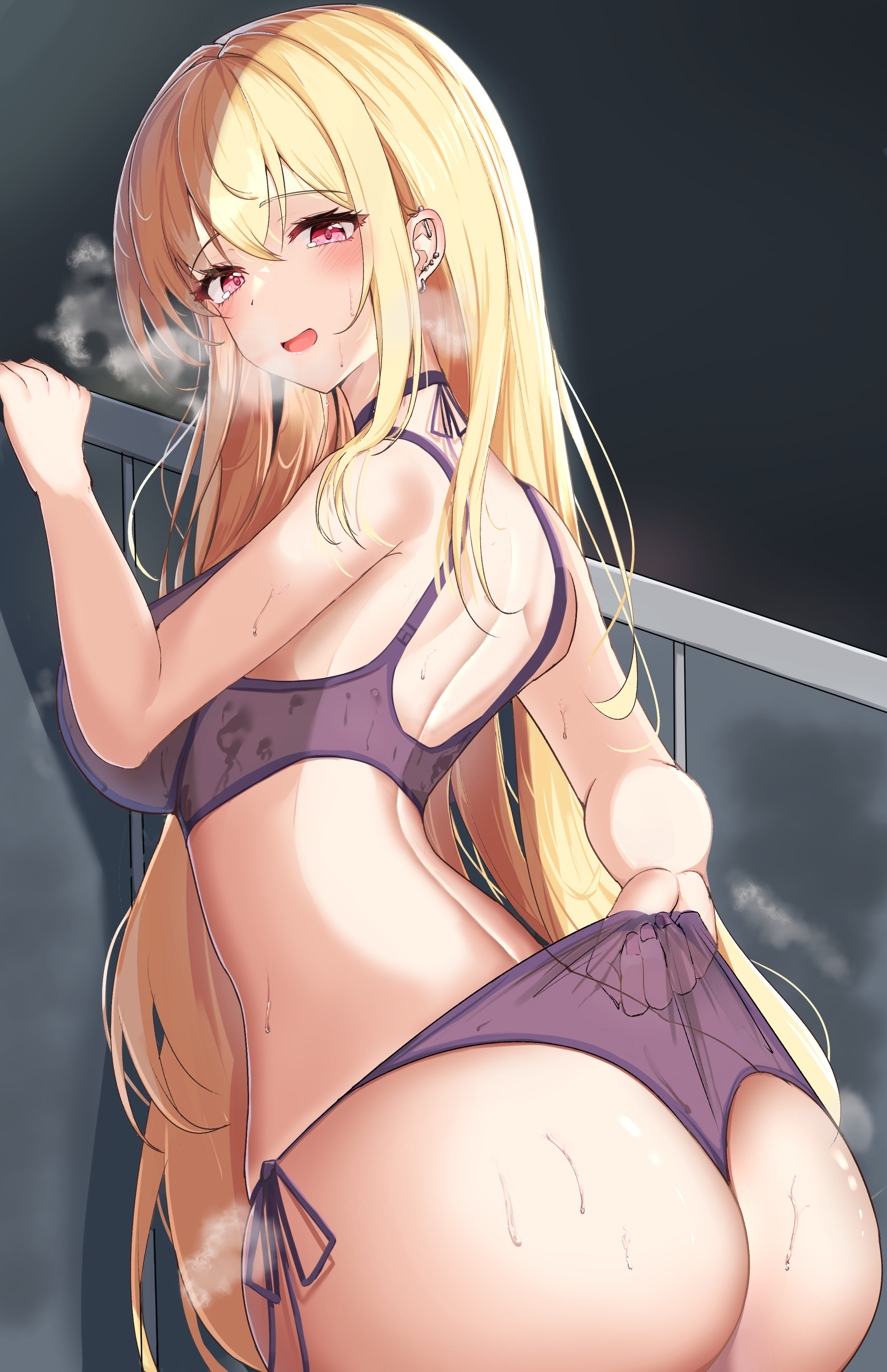 1girls, absurdres, ass, back, bangs, blonde hair, blush, breath, choker, curvy, ear piercing, eyebrows visible through hair, female, female only, gyaru, highres, kitagawa marin, long hair, looking back, mitty (q1kmitty), open mouth, panties, panty pull, q1kmitty, railing, red eyes, side-tie panties, solo, sono bisque doll wa koi wo suru, steam, sweat, sweat stain, sweaty clothes, underwear, wedgie