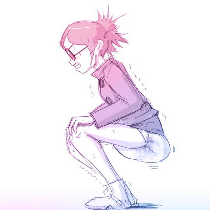 1girls asian asian_female diaper female glasses gorillaz messy_diaper noodle_(gorillaz) noodle_(saturnz_barz) scat sketchmandl soiling squatting what