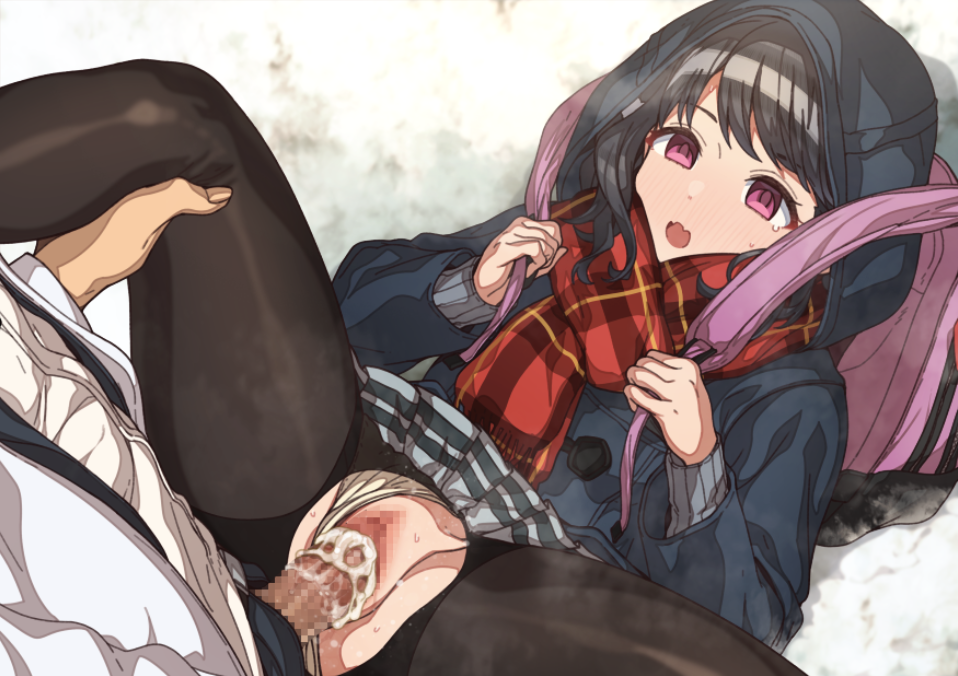 1boy backpack bag black_hair black_legwear cum cum_in_pussy erection erere female fukumaru_koito hood hood_up hooded_coat idolmaster idolmaster_shiny_colors leg_grab long_sleeves looking_at_viewer lying missionary oerba_yun_fang on_floor pantyhose penis purple_eyes pussy scarf sex shoes skin_fang snow solo_focus spread_legs sweater torn_clothes torn_legwear vaginal_penetration