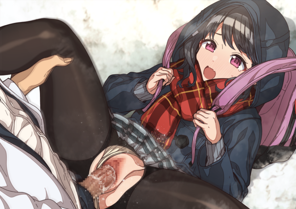 1boy backpack bag black_hair black_legwear erection erere female fukumaru_koito hood hood_up hooded_coat idolmaster idolmaster_shiny_colors leg_grab long_sleeves looking_at_viewer lying missionary oerba_yun_fang on_floor pantyhose penis purple_eyes pussy scarf sex shoes skin_fang snow solo_focus spread_legs sweater torn_clothes torn_legwear vaginal_penetration