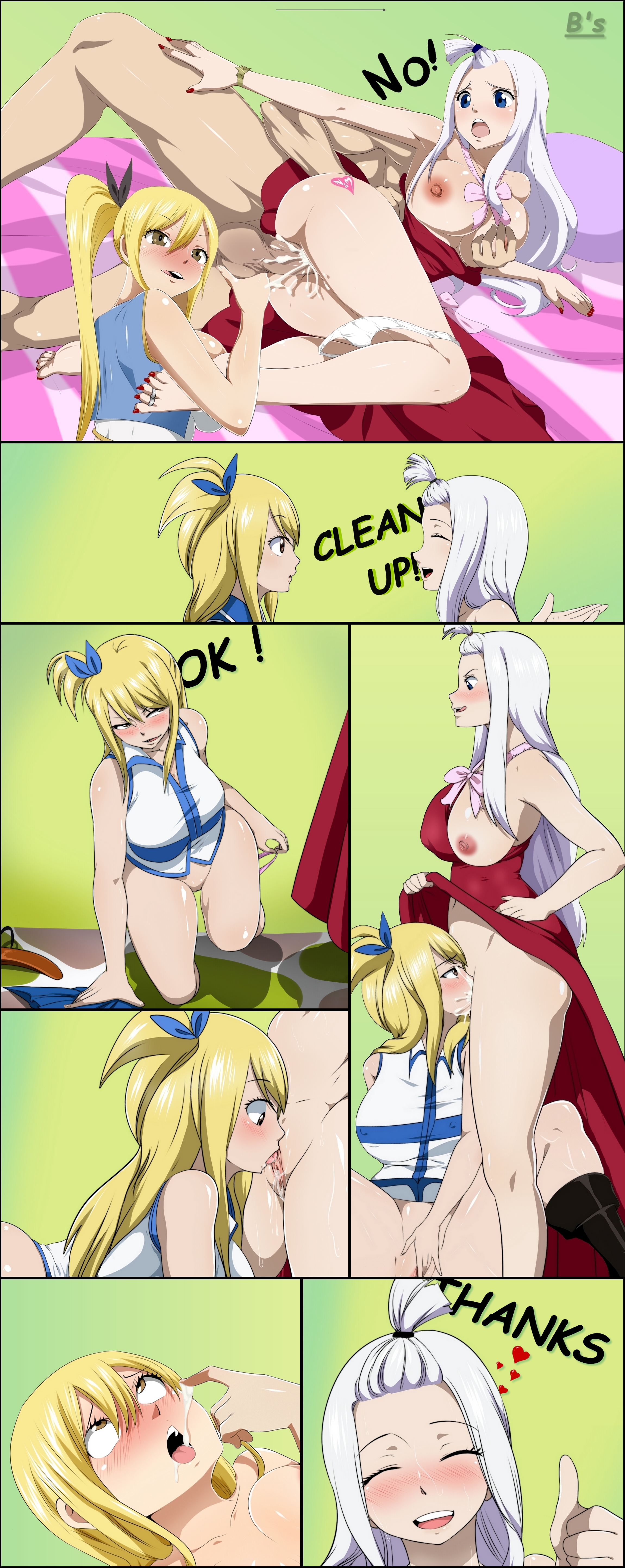1boy, 2girls, blonde hair, blonde-haired female, cum, cum in pussy, cum inside, ed-jim, fairy tail, female, lucy heartfilia, male, mirajane strauss, oral, pussy, sex, threesome, vaginal penetration, white hair, white-haired female, yuri