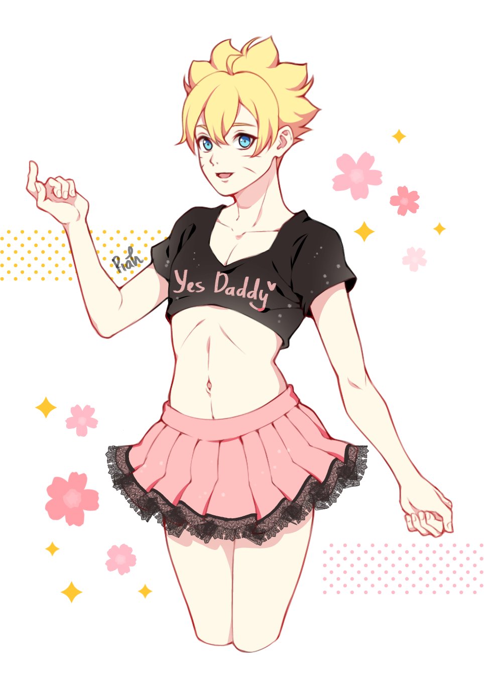 1boy, bare arms, bare legs, belly, belly button, bimbo, blonde hair, blue eyes, boruto: naruto next generations, clothed, clothing, crop top, crossdressing, cute, english text, facial markings, femboy, flat chest, frilled skirt, fully clothed, legs, legs together, light skin, light-skinned male, male, male only, naruto, naruto (series), open mouth, pale skin, pale-skinned male, petite, pinup, pose, posing, shounen jump, sissy, skimpy, skimpy clothes, skirt, solo, solo focus, solo male, standing, t-shirt, text, toned, toned male, twink, uzumaki boruto, whisker markings, whiskers, yellow hair