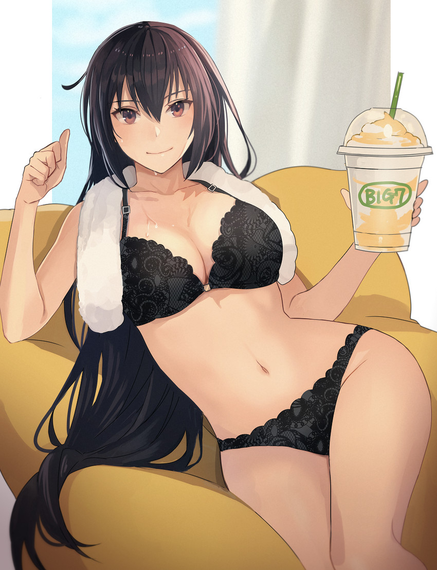 1girls, bangs, bare arms, bare legs, black bra, black hair, black panties, blush, bra, breasts, brown eyes, cleavage, closed mouth, collarbone, drink, drinking straw, eyebrows visible through hair, female, female focus, female only, groin, hair between eyes, happy, holding, holding drink, kantai collection, kasumi (skchkko), lace, lace bra, lace panties, large breasts, long hair, looking at viewer, nagato (kantai collection), navel, smile, smiling at viewer, solo, solo female, solo focus, towel, towel around neck, underwear, very long hair