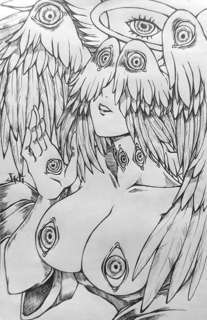 angel artofjiji biblically_accurate_angel big_breasts breasts eye_nipples eye_on_hand eyes_on_wings female multi_eye nudity religion wings