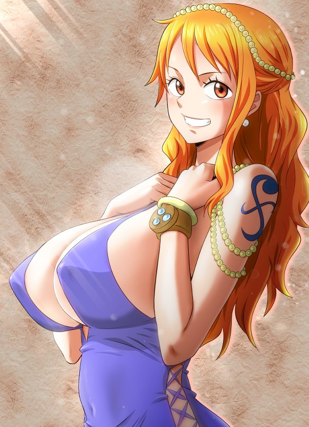 1girls, arm tattoo, big breasts, blue tattoo, breasts, dress, female, female only, grin, huge breasts, jewelry, log pose, long hair, looking at viewer, minpei ichigo, nami (one piece), nami (one piece) (zou), nipple bulge, one piece, one piece: zou arc, orange hair, orange-haired female, post-timeskip, purple dress, smile, solo, tattoo