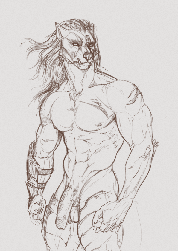 2022 5_fingers abs anthro armor athletic balls blaidd_(elden_ring) canid canine canis elbow_tufts elden_ring fingers fromsoftware genitals hair long_hair male male_only mammal mikaemikae monochrome muscular navel nipples pecs penis pubes scar semi-erect simple_background sketch solo solo_male standing teeth vein veiny_penis white_background wolf