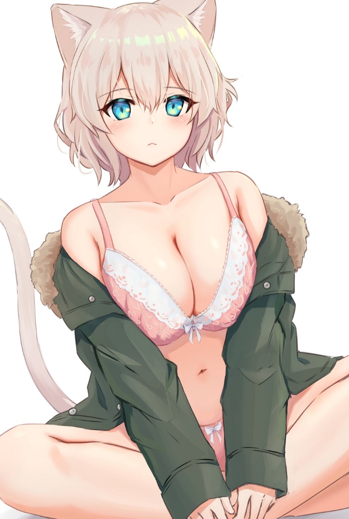 1girls 2022 :< :3 belly_button big_breasts blue_eyes blush breasts breasts_together breasts_touching cat_ears cat_girl cat_humanoid cat_tail catgirl catgirls ear_fluff ear_tuft ears_up female female_focus female_only green_jacket huge_ass lingerie looking_at_viewer messy_hair neko no_pants no_shirt open_jacket oversized_clothes oversized_jacket pink_bra pink_lingerie pink_panties shiny shiny_breasts shiny_skin short_hair small_waist tail_up thick_thighs white_ears white_fur white_hair white_tail