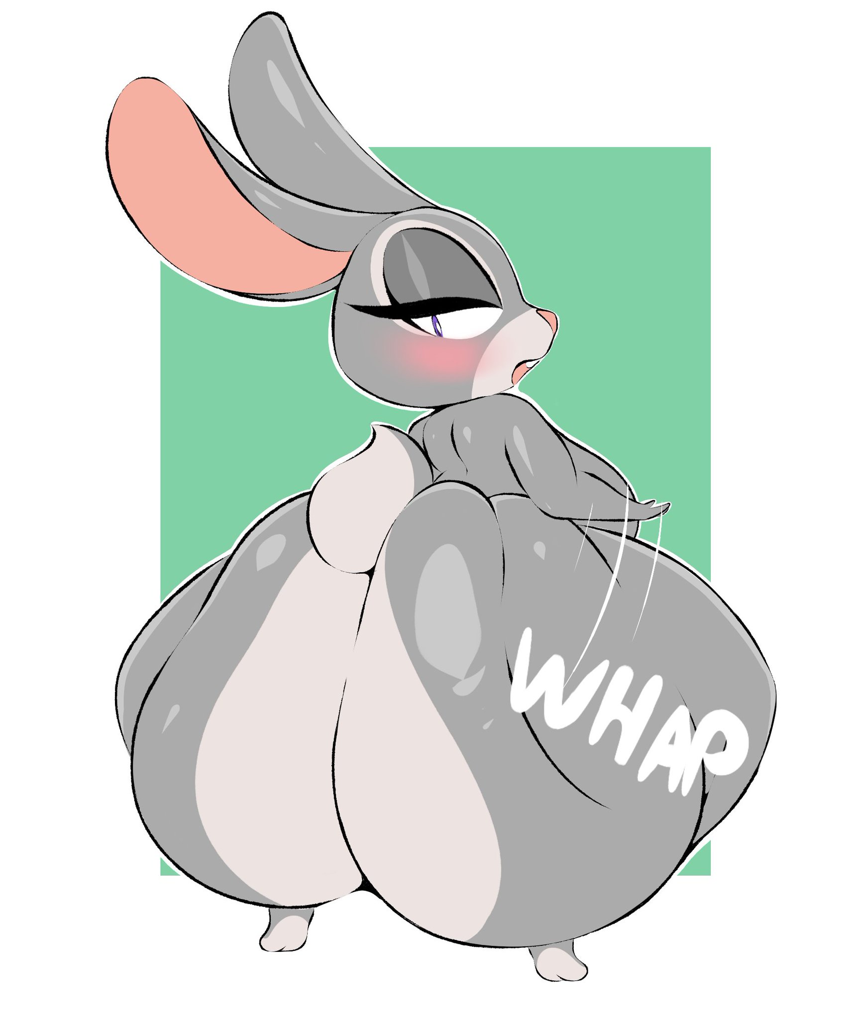 anthro, anthro female, anthro only, arizonathevixen, ass, ass bigger than head, ass bigger than torso, ass focus, big ass, blush, blushing, blushing female, breasts, bubble ass, bubble butt, buckteeth, eyeshadow, fat ass, female, female anthro, furry, grey body, grey eyeshadow, huge ass, jiggling ass, judy hopps, long ears, looking back, looking back at viewer, pink inner ear, pink nose, purple eyes, purple-eyed female, rabbit, rabbit ears, rabbit girl, rabbit tail, sideboob, simple background, slapping ass, slapping own ass, smooth fur, solo, solo female, spanking, squatting, wide hips, wide thighs, zootopia