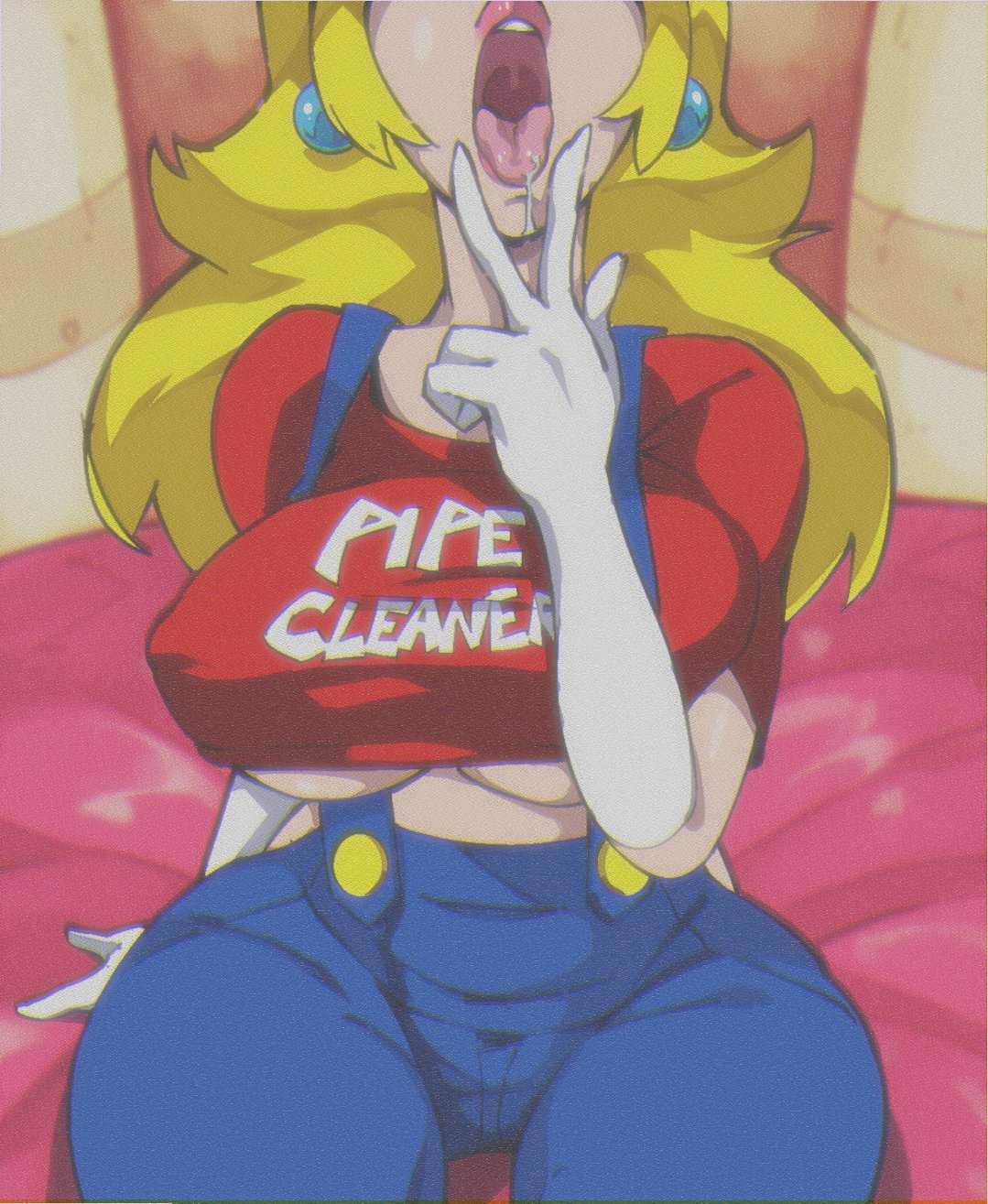 1girls alternate_breast_size big_breasts blonde_hair breasts breasts_between_suspenders c-smut-run clothes_writing clothing crop_top csmutrun english_text erect_nipples erect_nipples_under_clothes female female_only gloves jeans large_breasts long_hair mario_(cosplay) mario_(series) nintendo nipple_bulge open_mouth oral_invitation pants princess_peach sitting solo solo_female suspenders teeth text tight_clothing tongue tongue_out underboob v_sign wide_hips