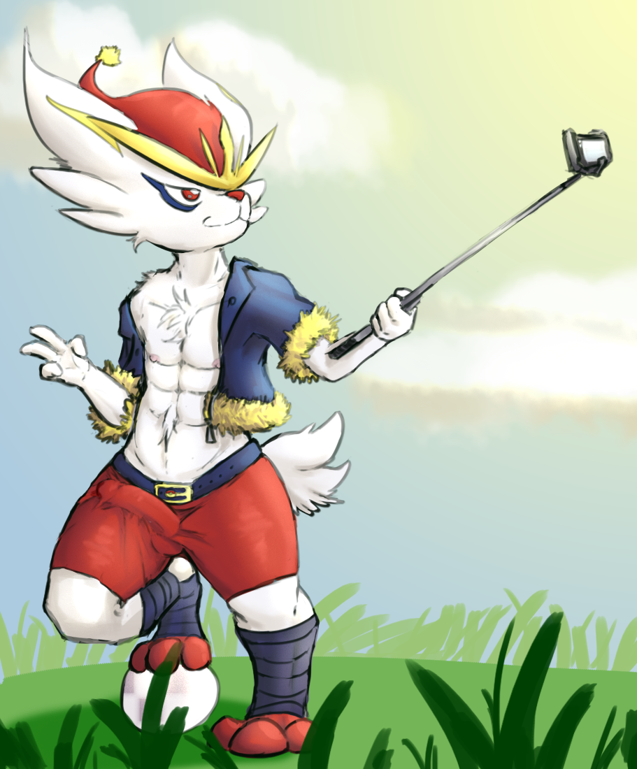 anthro belt bulge cinderace clothed clothing cloud fennephilim_fox fur furry furry_only grass holding_object jacket looking_at_viewer male male_only mammal nintendo plant pokémon_(species) pokemon red_eyes rock selfie solo tail topwear video_games white_body white_fur