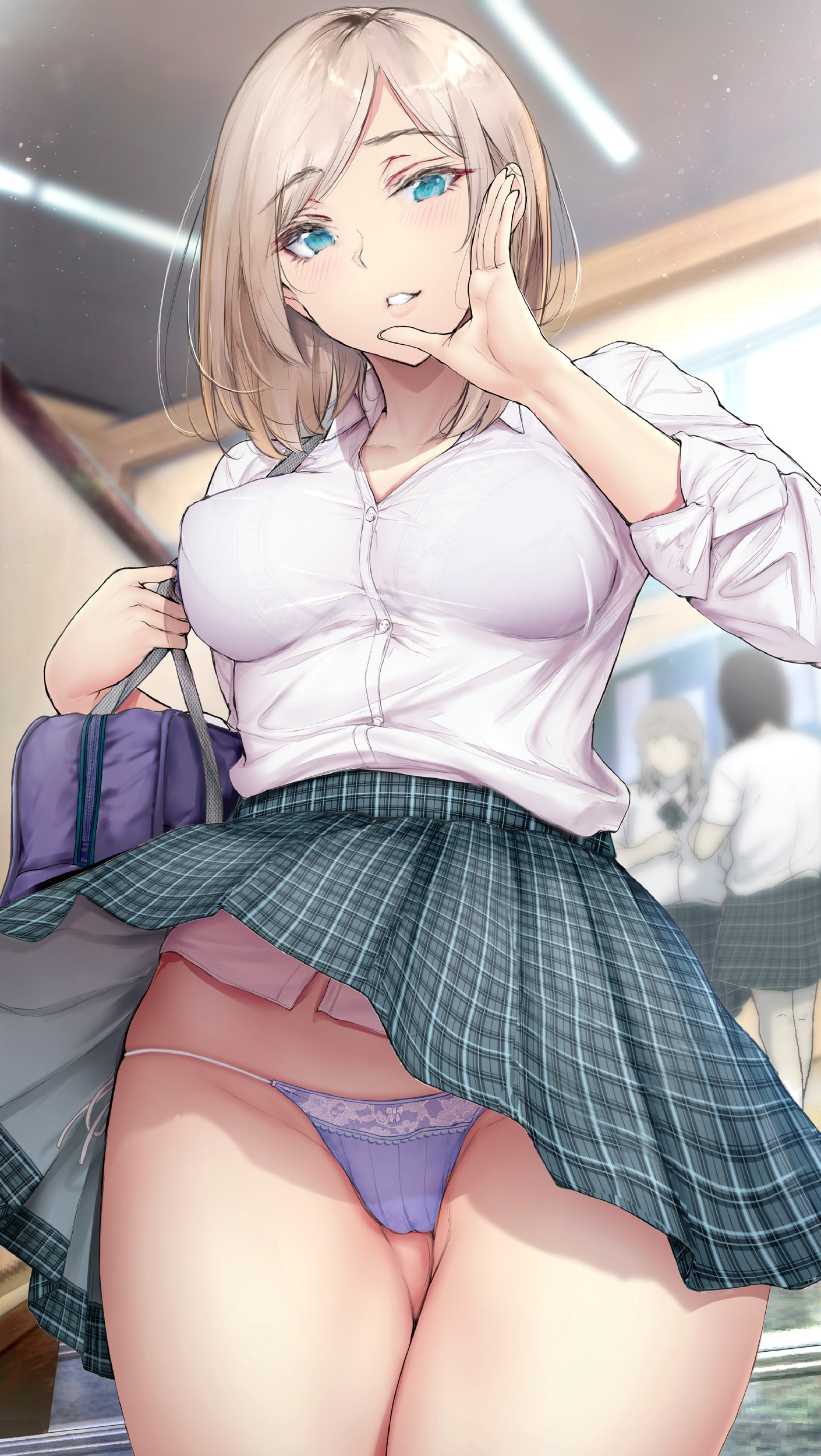 1girls, 3girls, absurdres, aqua eyes, ass visible through thighs, bag, bangs, big breasts, blonde hair, blouse, blue eyes, blush, bra visible through clothes, breasts, cameltoe, commentary request, cowboy shot, eyebrows visible through hair, female, female only, fully clothed, gentsuki, highres, large breasts, lifted skirt, light brown hair, long sleeves, looking at viewer, medium hair, multiple females, multiple girls, original, original character, panties, pantyshot, parted lips, perky breasts, pleated skirt, public exposure, pussy, school, school uniform, shirt, shirt tucked in, shoulder bag, skirt, solo focus, stairs, thighs, underwear, white shirt, wide hips
