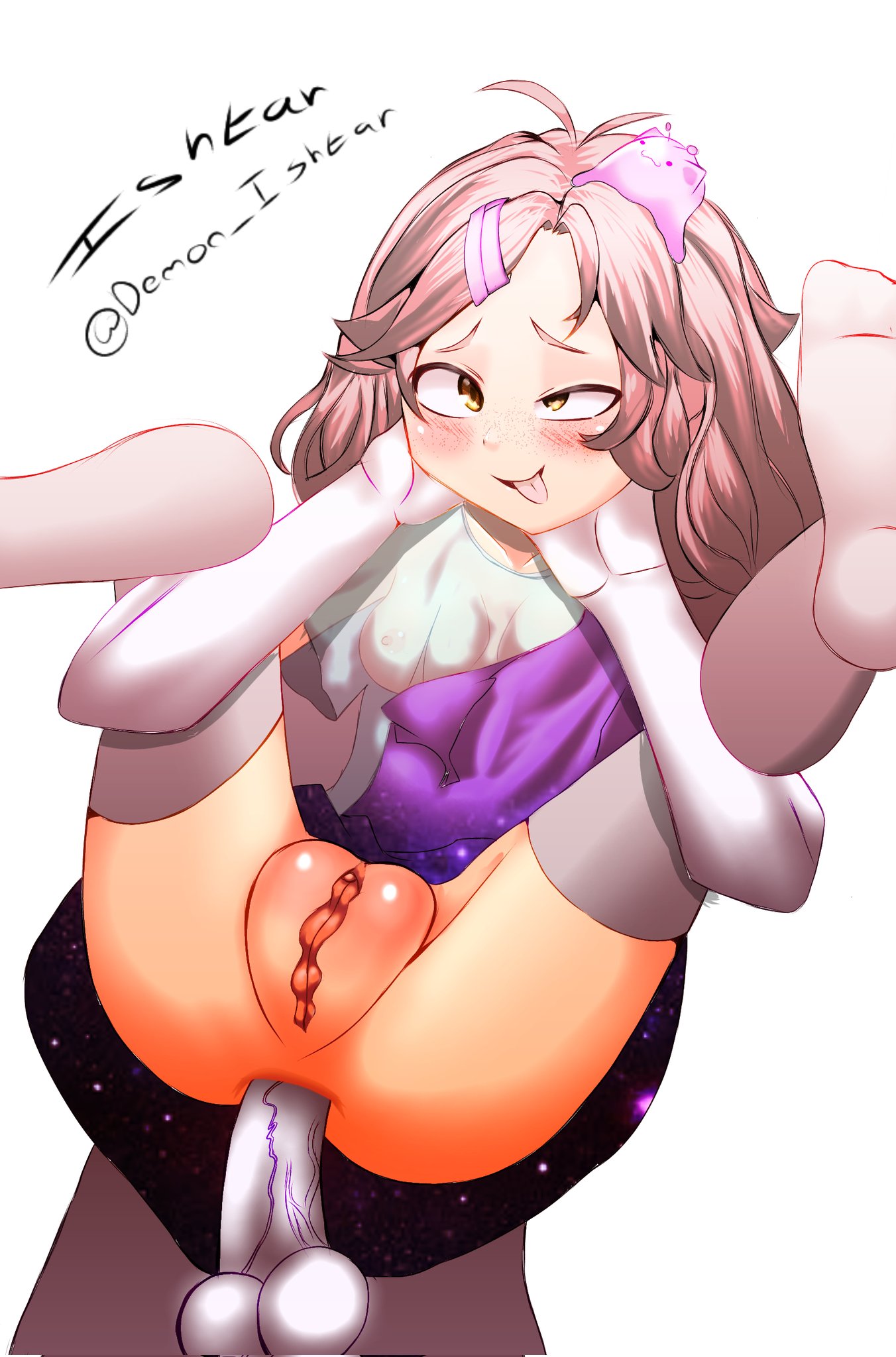 ahe gao, albino, alien, anal, anal sex, big pussy, brown eyes, brown hair, feet up, female, full nelson, fully clothed, grabbing, gradient background, happy, head grab, indie virtual youtuber, male, meaty pussy, nimu, penetration, penis, pussy, ribbon, short hair, showing pussy, slime, socks, socks (marking), thighhighs, tongue, tongue out, transparent clothing, veiny penis, virtual youtuber, white background, white penis, youtube, youtube hispanic