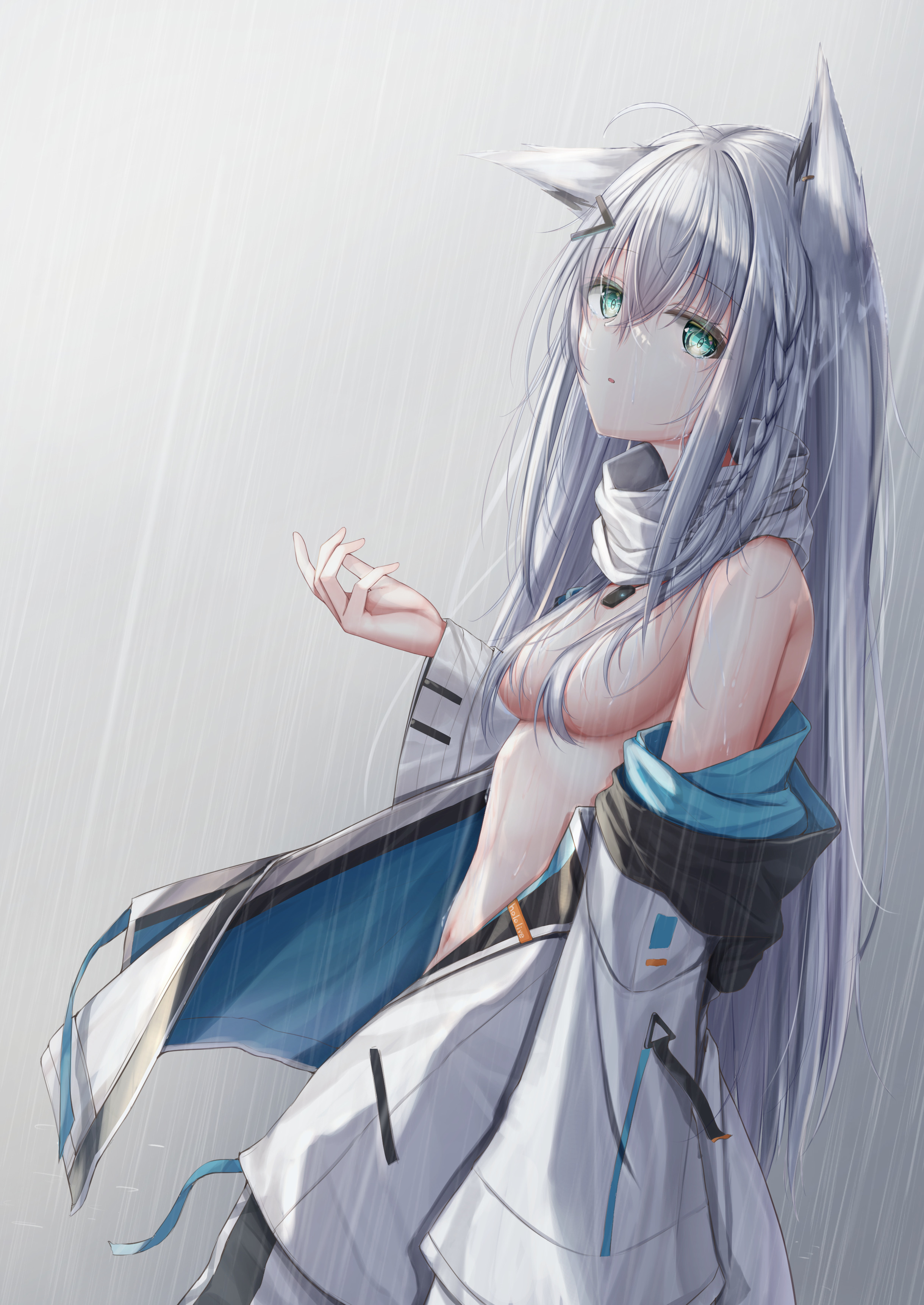 absurdres, animal ears, bangs, braid, breasts, commentary request, dog tags, eyebrows visible through hair, female, fox ears, fox girl, green eyes, hair between eyes, hair censor, hair over breasts, highres, hololive, hololive gamers, hololive gen 1, hololive japan, jacket, long hair, looking at viewer, miseki you, naked jacket, open clothes, open jacket, rain, raining, shirakami fubuki, sidelocks, single braid, small breasts, solo, virtual youtuber, white hair, white jacket