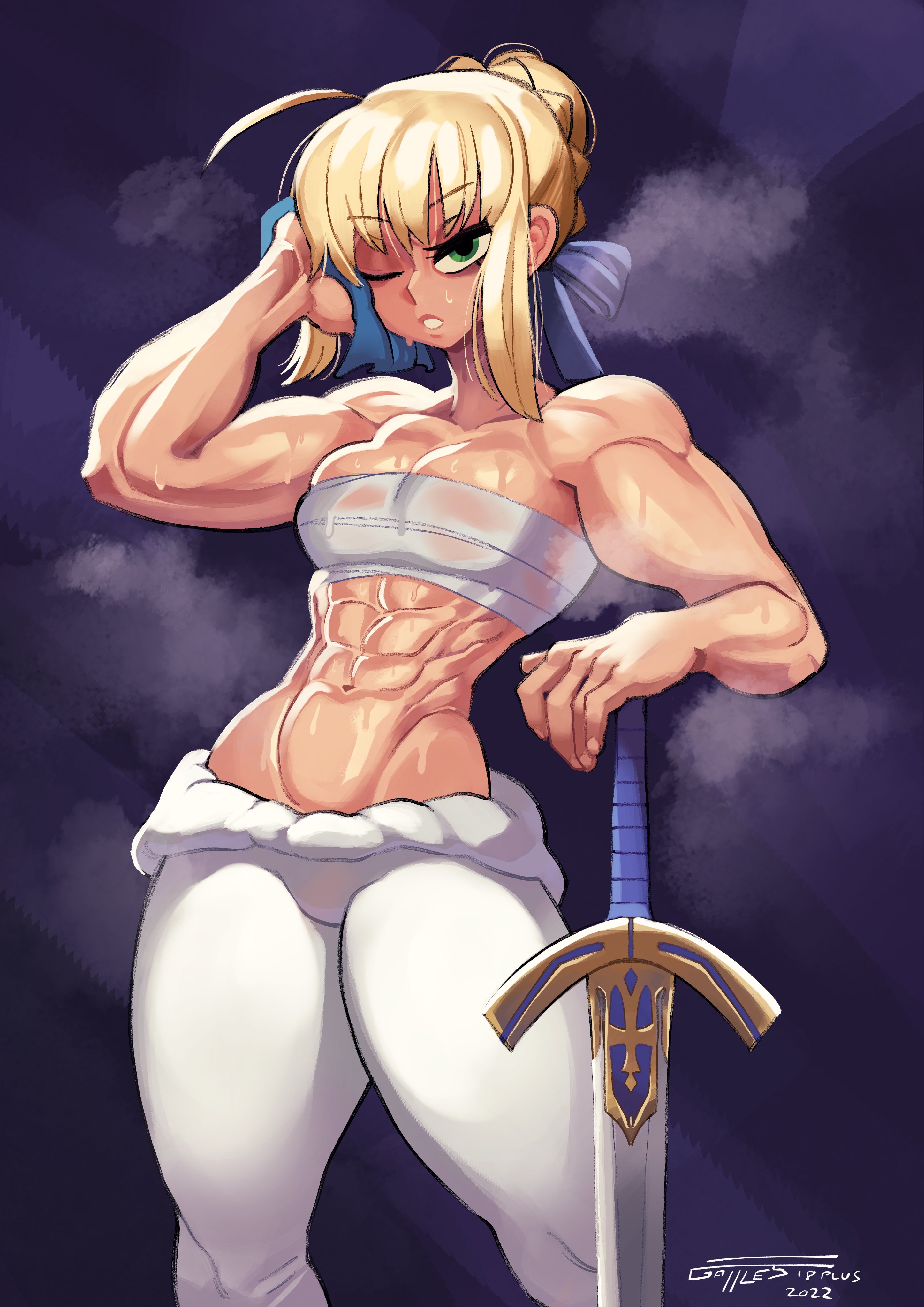 1girls, abs, absurd res, artoria pendragon, bandages, bandages around chest, blonde hair, chest wraps, drying, fate (series), fate/grand order, fate/stay night, female, female only, gattles, green eyes, looking at viewer, muscles, muscular, muscular female, narrowed eyes, one eye closed, solo, solo female, steam, sweat, sword, tied hair, toned, toned female, towel