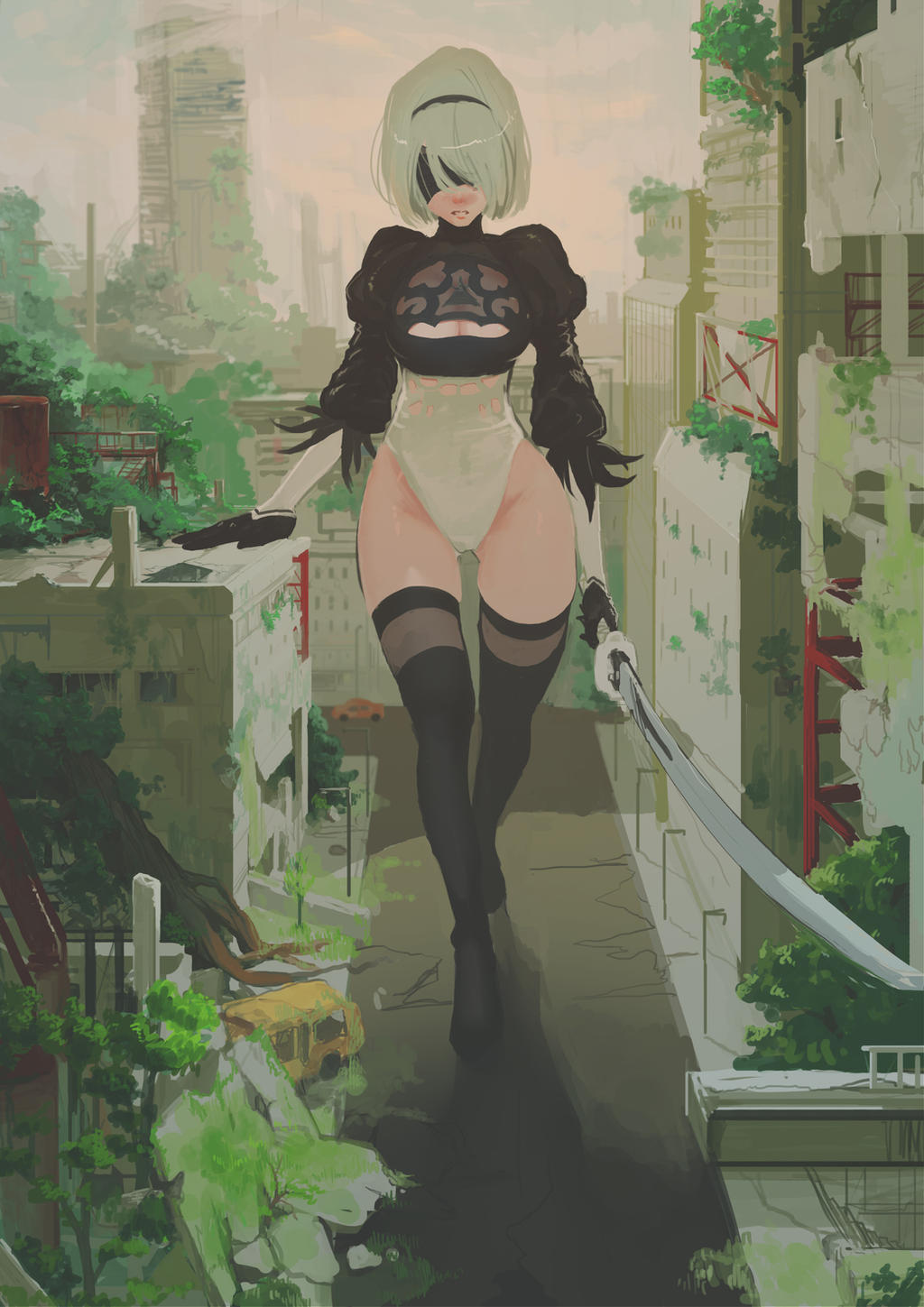 1girls, blindfold, breasts, city, clothing, female, female only, giantess, hairband, leotard, light skin, light-skinned female, loncspace, macro, nier, nier: automata, solo, solo female, thighhighs, white hair, yorha 2b