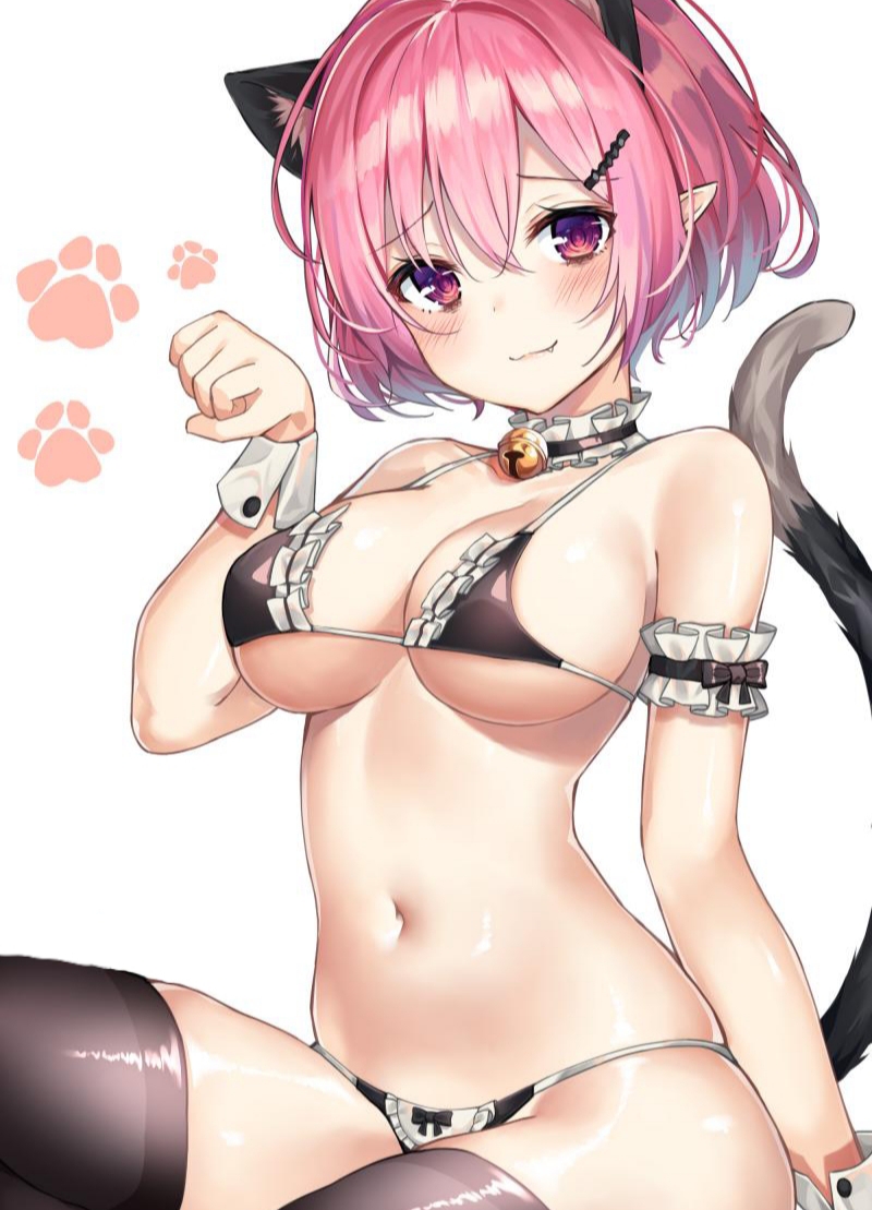 1girls :3 bell_collar belly_button black_ears black_fur black_tail black_thigh_highs black_thigh_socks black_thighhighs blush bob_cut breasts cat_ears cat_girl cat_humanoid cat_tail catgirl catgirls collar collar_bell cute ear elf_ears fangs female female_focus female_only hair_between_eyes hair_clip hair_ornament hairclip large_breasts light-skinned light-skinned_female light_skin maid maid_bikini maid_lingerie maid_outfit medium_ass messy_hair midriff navel neko paws pink_eyes pink_hair pointy_ears sad_eyebrows shiny_skin short_hair small_waist solo stomach tail tail_up thick_thighs thighhighs thighs white_background white_wrist_cuffs wrist_cuffs