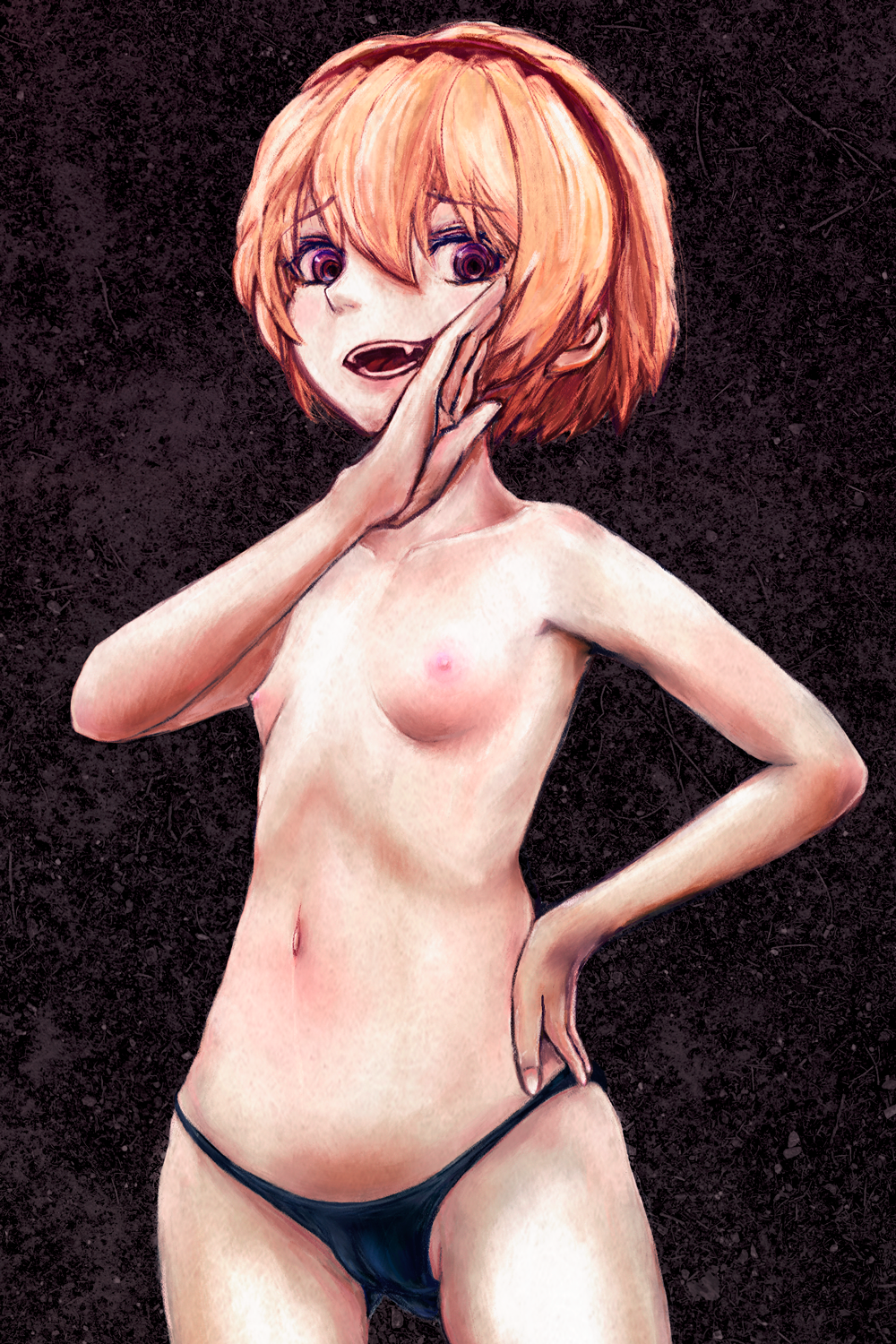 07th_expansion 1girls black_background blonde_hair breasts eiffingeri hairband highres higurashi_no_naku_koro_ni houjou_satoko navel nipples nude panties pink_eyes pussy_outline sharp_teeth short_hair small_breasts smug solo solo_female young