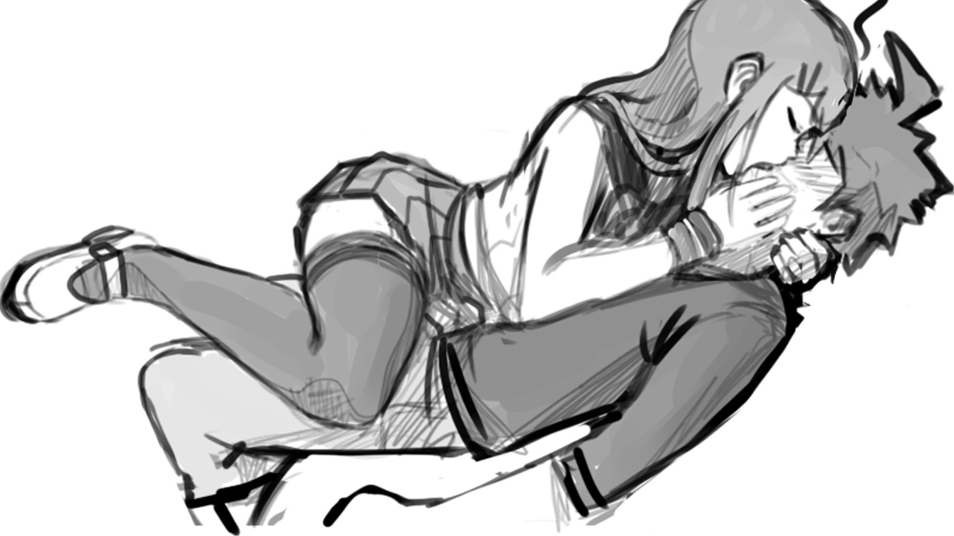 1boy, 1girls, concept art, danganronpa, female, female on top, fully clothed, kissing, maizono sayaka, making out, male, mosbles, straight hair, thighhighs
