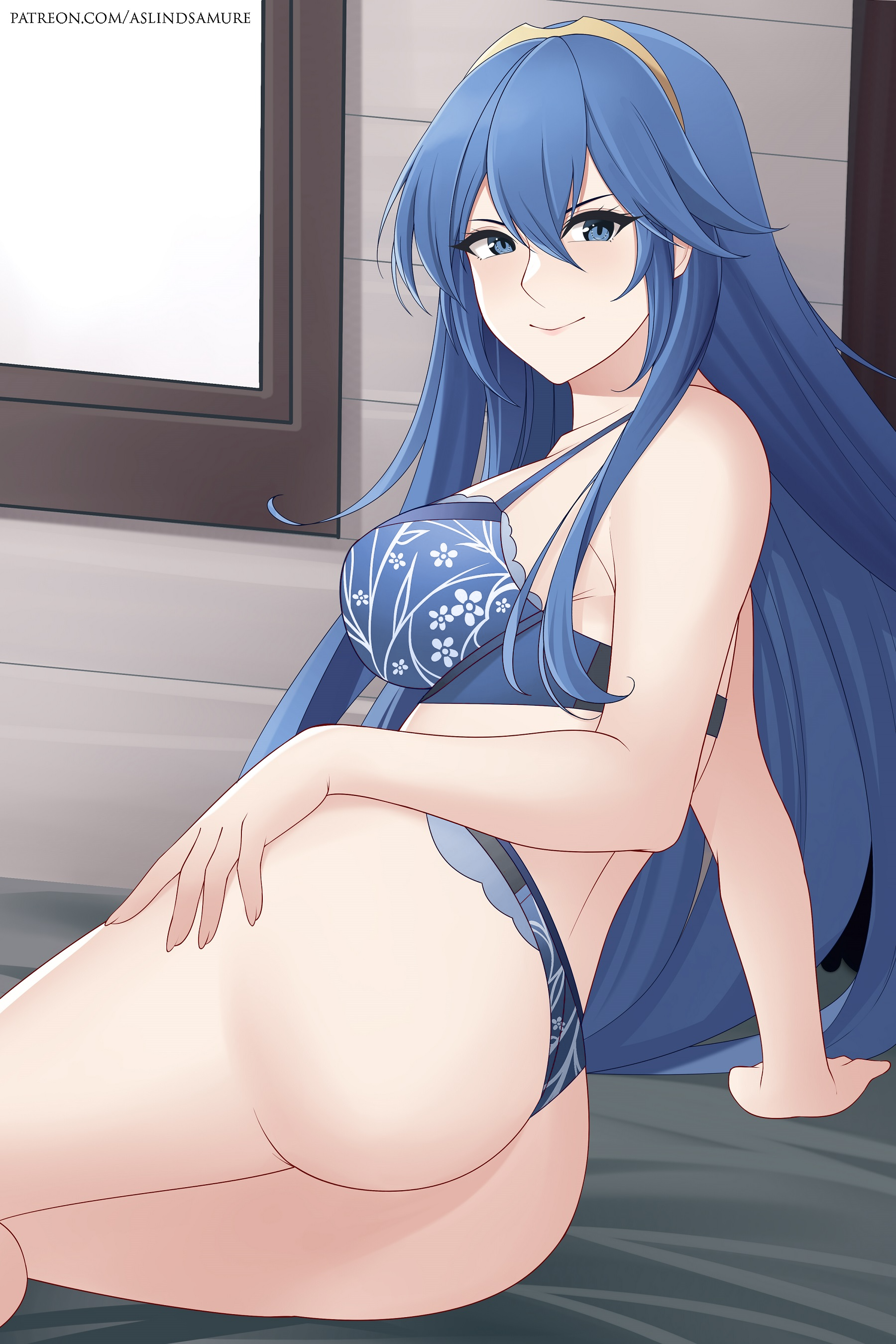 1girls, areolae, aslindsamure, ass, back, back view, bangs, bed, big ass, big breasts, blue eyes, blue hair, blue lingerie, blue panties, bra, bra strap, breasts, collarbone, edit, edited, female, female only, fire emblem, fire emblem awakening, floral print, gold, hand on thigh, large ass, large breasts, leaning on hand, legs, legs together, lingerie, long blue hair, long hair, looking at viewer, lucina (fire emblem), milf, naughty face, nintendo, panties, photoshop, seductive smile, sideboob, sitting, sitting on bed, smile, smiling at viewer, solo, third party edit, third-party edit, tiara, underwear, very long hair, window