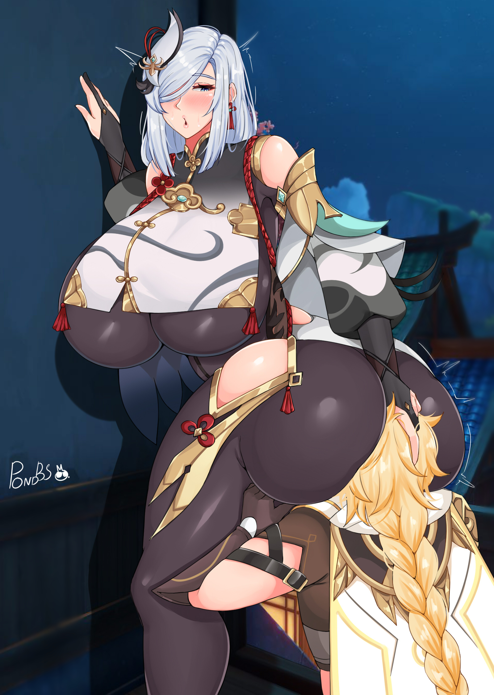 1boy, 1girls, aether (genshin impact), ass, ass sniffing, blush, breasts, clothing, female, female on top, femdom, fully clothed, genshin impact, head in ass, huge ass, huge breasts, human, kneeling, male, male/female, pondbs, shenhe (genshin impact), standing, voluptuous