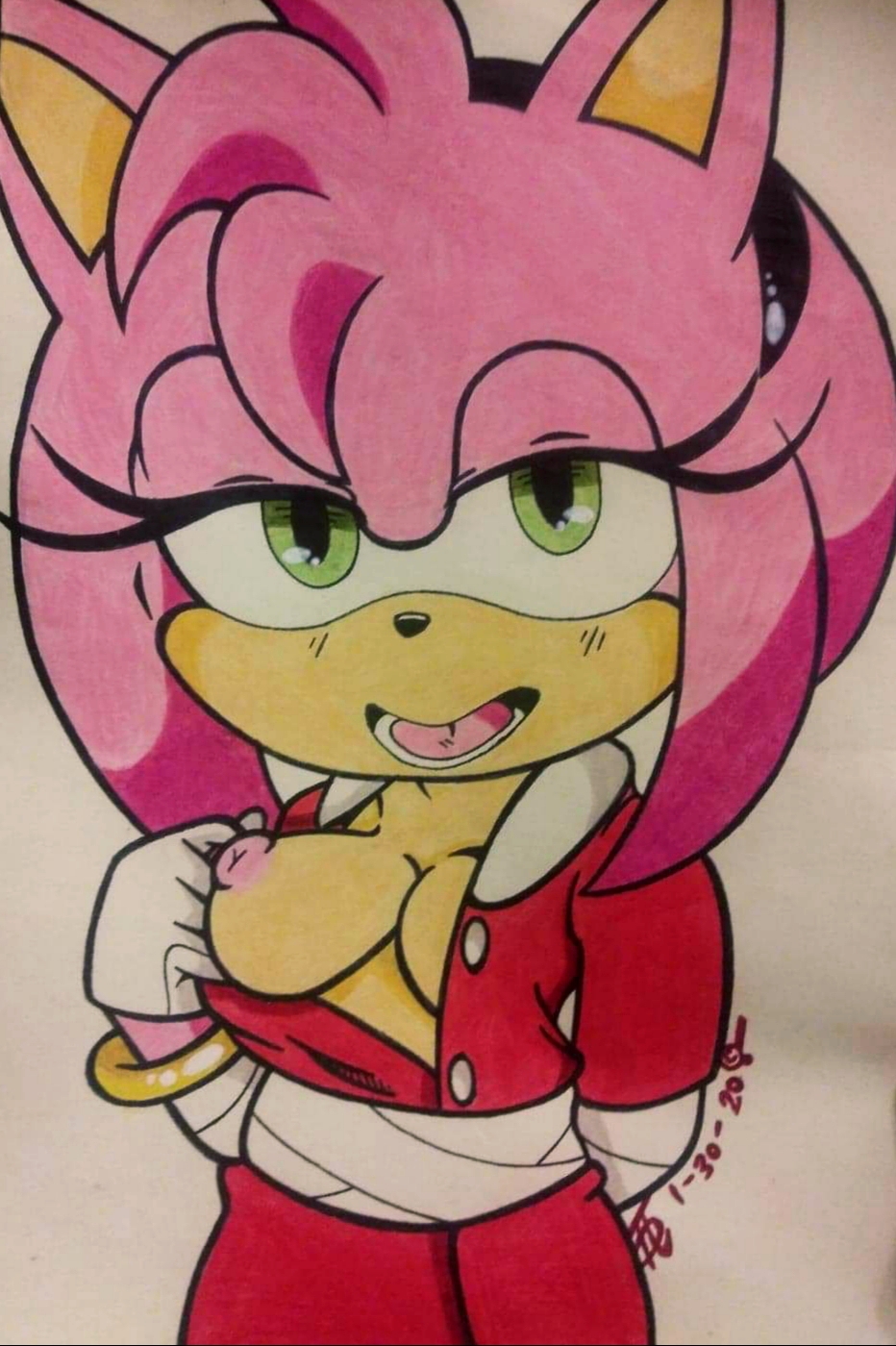 amy_rose amy_rose_(boom) breasts eulipotyphlan female flashing green_eyes hair hedgehog hi_res kinkking mammal nipples pink_hair sega sonic_(series) sonic_boom sonic_the_hedgehog_(series)