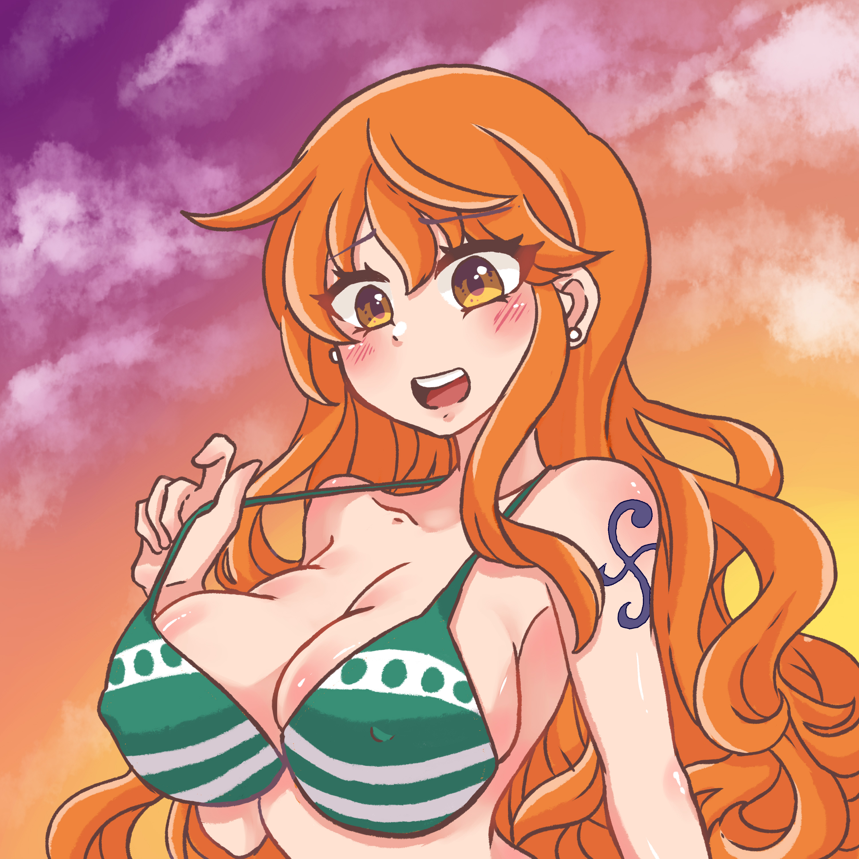 1girls, abstract background, arm tattoo, big breasts, bikini, bikini top, bikini top pull, blue tattoo, blush, breasts, brown eyes, cleavage, clouds, curvy, ear piercing, female, female only, konad18s, long hair, nami (one piece), nipple bulge, one piece, orange hair, orange-haired female, solo, striped bikini, tattoo, wavy hair